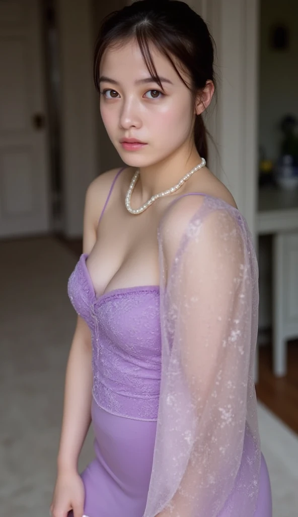 A girl wearing blue angel wings, sunlight shining on her face, eyes looking straight ahead, tulips in her hair, skin as white as a peeled egg, long black hair in pigtails, and a pair of breasts. seductively large and covered with a purple bra, wearing a short purple dress, surrounded by a crocodile dress