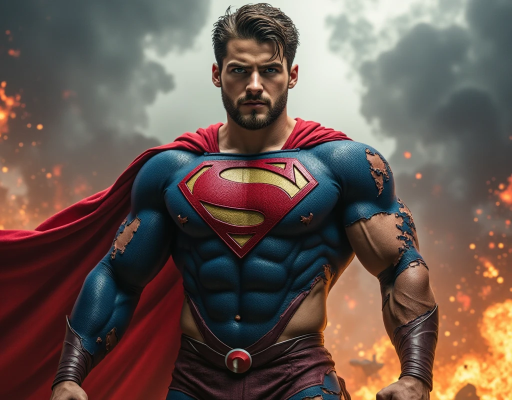 Superman, 40s year old, beard, all details black and red suit, big S symbol on the chest, red cover, strain of hair covering forehead, short cut hair, neat hair, tall, manly, hunk body, muscular, straight face, black hair, best quality, high resolution:1.2, masterpiece, raw photo, dark background, detailed suit, detailed face, upper body shot