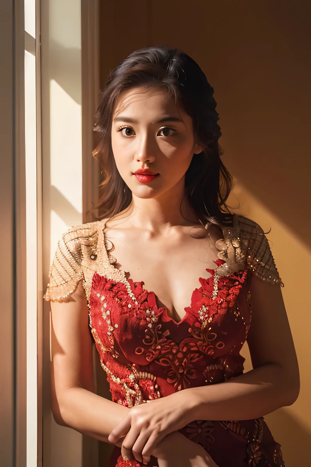 ((Top quality、8K、Masterpiece:1.3))、Extremely delicate beautiful girl,full-body shot,Huge breasts,Bigger breasts,amazing breast size,G cup。Wear big earrings,Very white skin,moist red lips,Very thin waist,Very thin thighs,big ass,fair and smooth skin,Smooth and fair skin,flawless skin,Fair and shiny skin,Cold white skin,Camera on chest,Deep cleavage,showing her breast,(Big V-neck exposed breasts),bright light,Red lace dress,Red gauze dress,Lower body exposed,Bare shoulders,light pink hair,The hair is light pink,blizzard,snow mountain,Sunset,lake