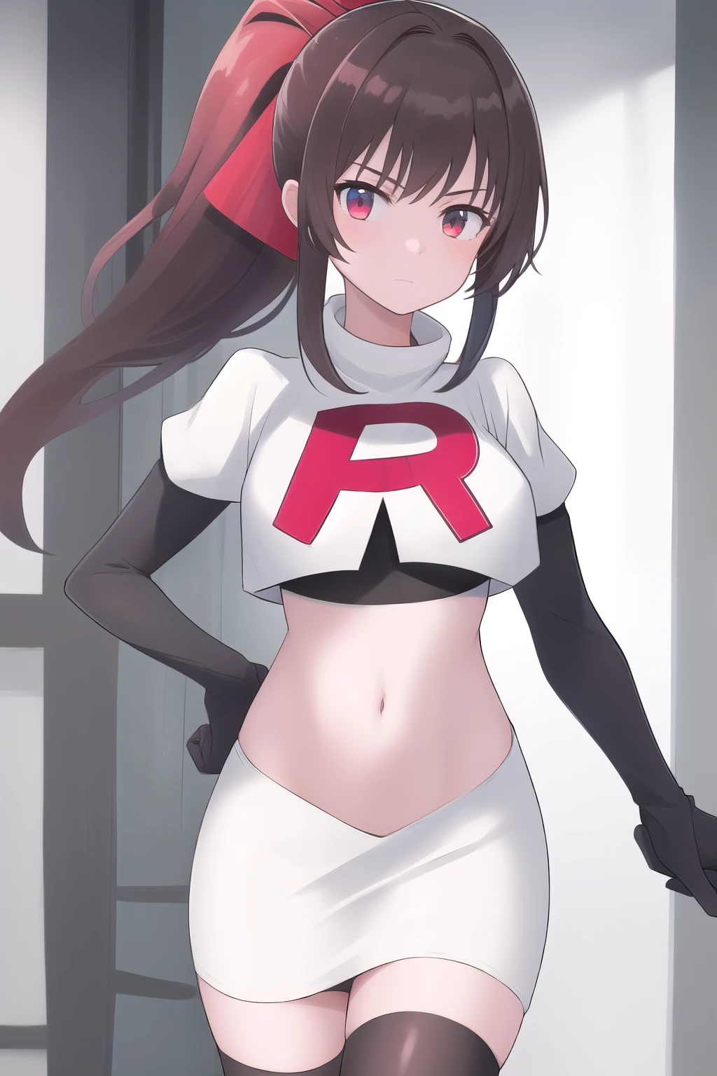 pokemonsabrina, pokemonsabrina, black hair, long hair, bangs, (blunt bangs:1.5), (red eyes:1.5), sidelocks, (bright pupils:1.5), (white pupils:1.5),
BREAK team rocket,team rocket uniform, red letter R, white skirt,white crop top,black thigh-highs, black elbow gloves,
BREAK looking at viewer, (cowboy shot:1.5),
BREAK (masterpiece:1.2), best quality, high resolution, unity 8k wallpaper, (illustration:0.8), (beautiful detailed eyes:1.6), extremely detailed face, perfect lighting, extremely detailed CG, (perfect hands, perfect anatomy),