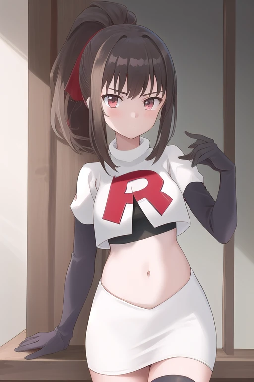 aamazaki, (antenna hair:1.2), medium breasts, team rocket,team rocket uniform,white skirt,red letter R,crop top,black thigh-highs,black elbow gloves,
beautiful, masterpiece, best quality, looking at viewer,