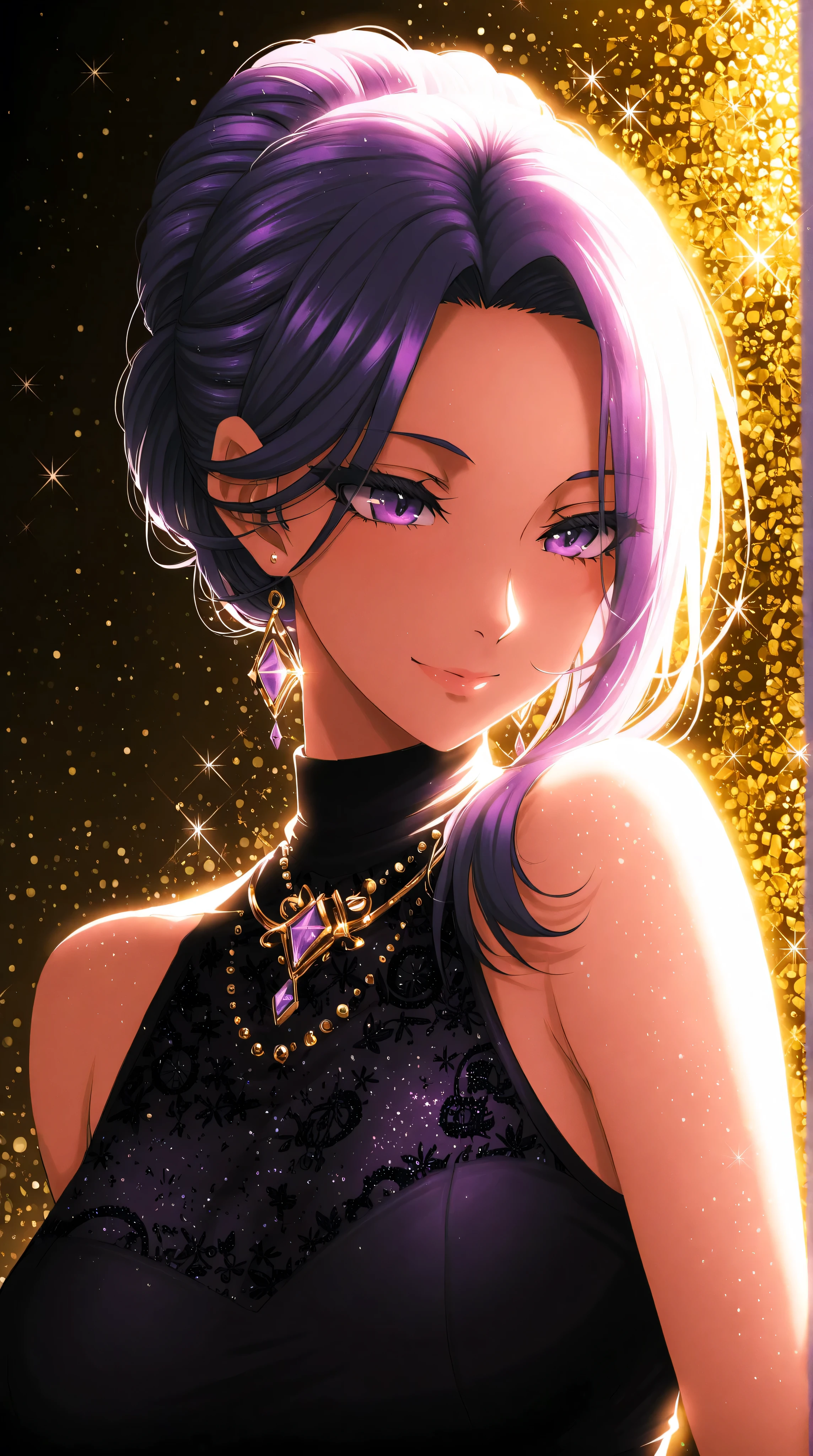 Crimson updo, purple eyes, metallic gold background, backlit, luminescence, ethereal, anime, manga, sexy, sparkles,  Glitter Dust, dynamic shadows, masterpiece, bright colors, Shimmers, clear details, 