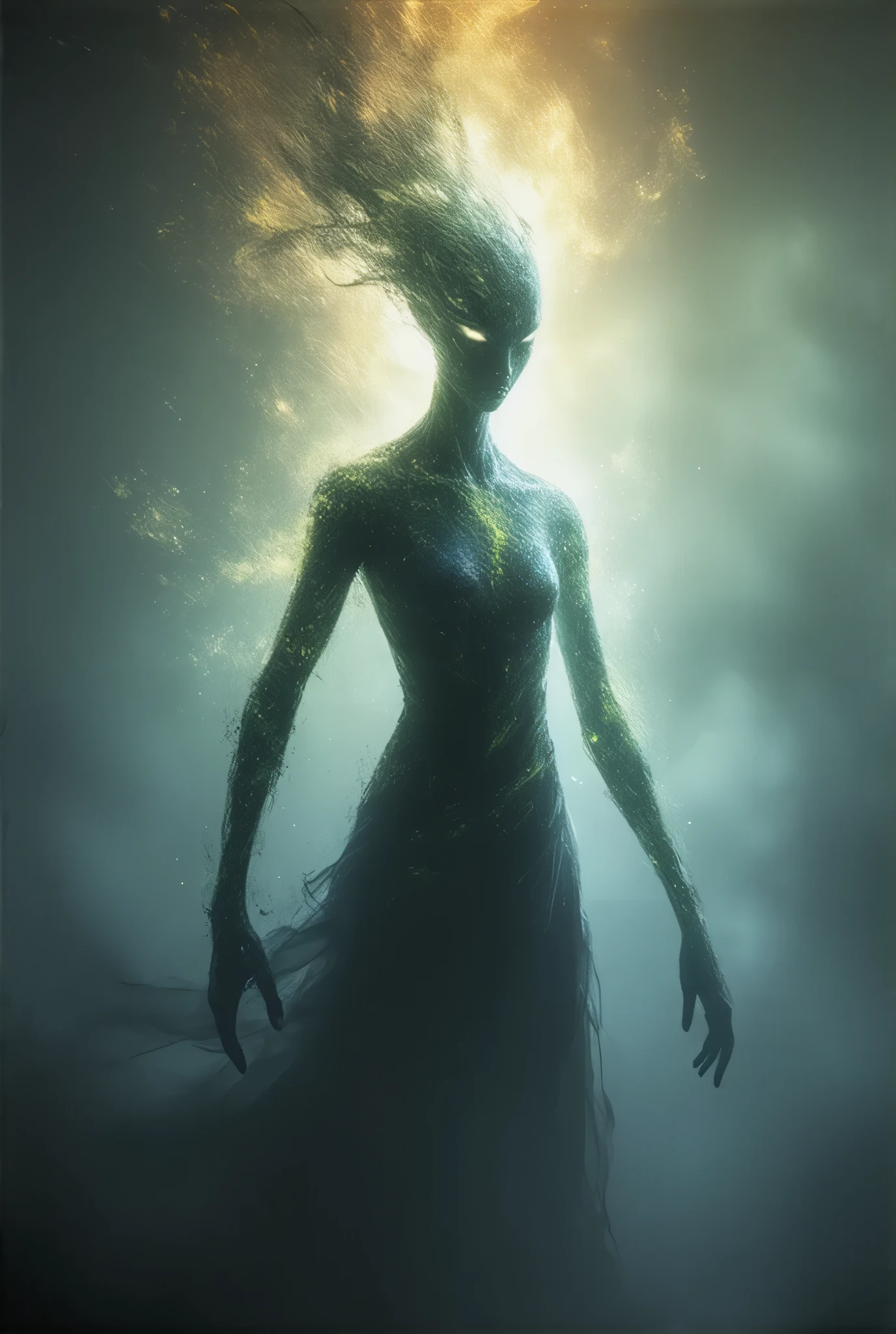 Create an epic fantasy RPG painting of a light spirit, slender humanoid shape, soft and diffuse contours, as if its figure were constantly blending into the air around it, translucent figure in shades, mythological creature, Midjourney effect, LoL Arcane style, handmade painting, harmoniously mixing 2D and 3D styles, watercolor with graffiti and oil painting. Impressionist style with vibrant colors and intricate patterns, mix of 2D and 3D with detail of peeling paint, Midjourney effect, LoL Arcane style, mythical Cuban light spirit, slender humanoid shape, soft and diffuse contours, translucent figure in shades, paint with artistic harmony, conceptual artstation. Painting hyper realistic, slender humanoid shape, soft and diffuse contours, light spirit, translucent figure in shades, inspired by Cuban culture, surreal matte painting, magic realism matte painting, mix of 2D and 3D, harmonious mix of artistic styles such as graffiti, watercolor and oil painting, handmade painting. The vibrant colors and intricate patterns of epic fantasy RPG painting of light spirit, slender humanoid shape, with soft and diffuse contours, as if its figure were constantly blending into the air around it, translucent figure, hyper realistic handmade painting, by renowned conceptual artist.