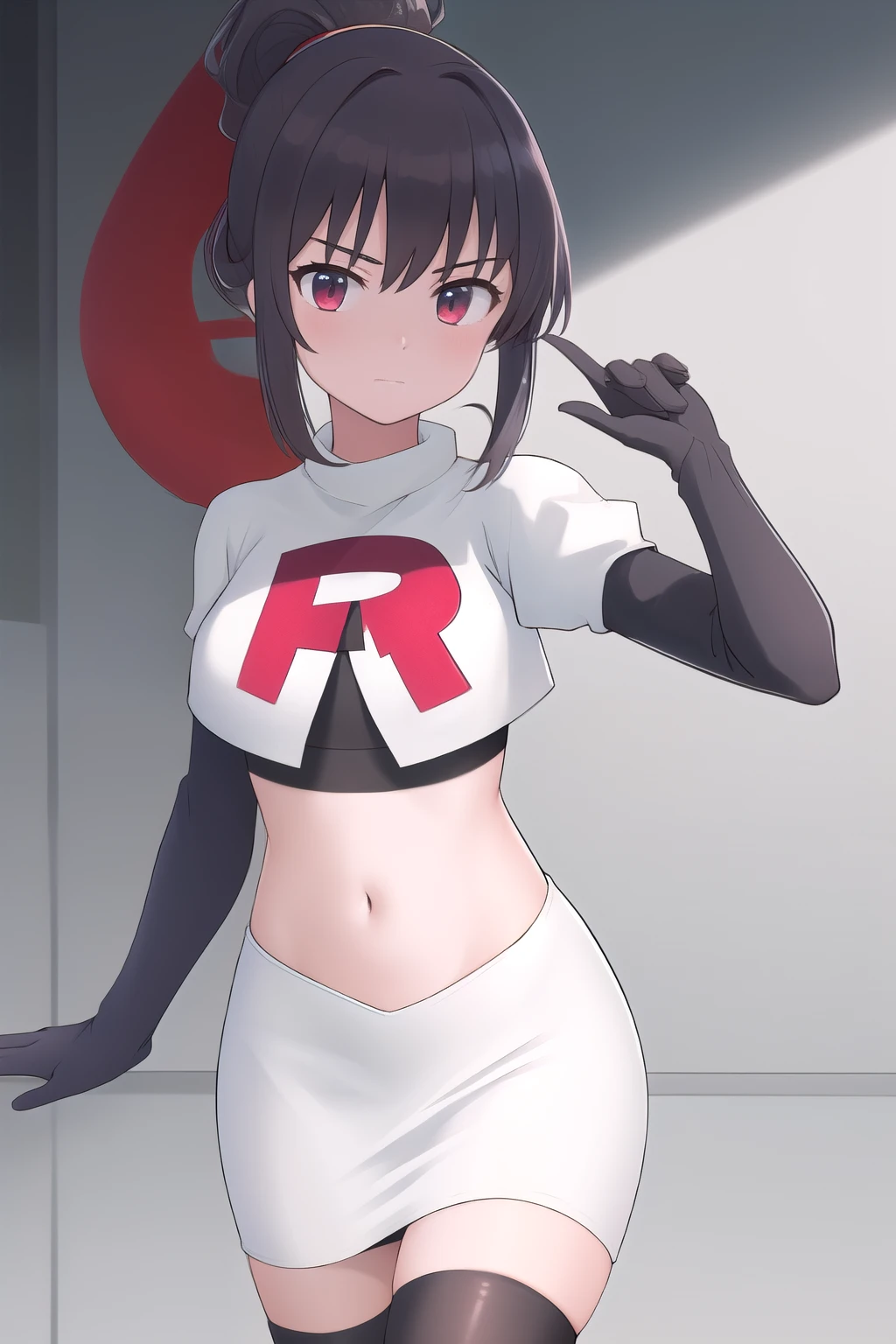 aamazaki, (antenna hair:1.2), blue eyes,medium breasts, team rocket,team rocket uniform,white skirt,red letter R,crop top,black thigh-highs,black elbow gloves,
beautiful, masterpiece, best quality, looking at viewer,