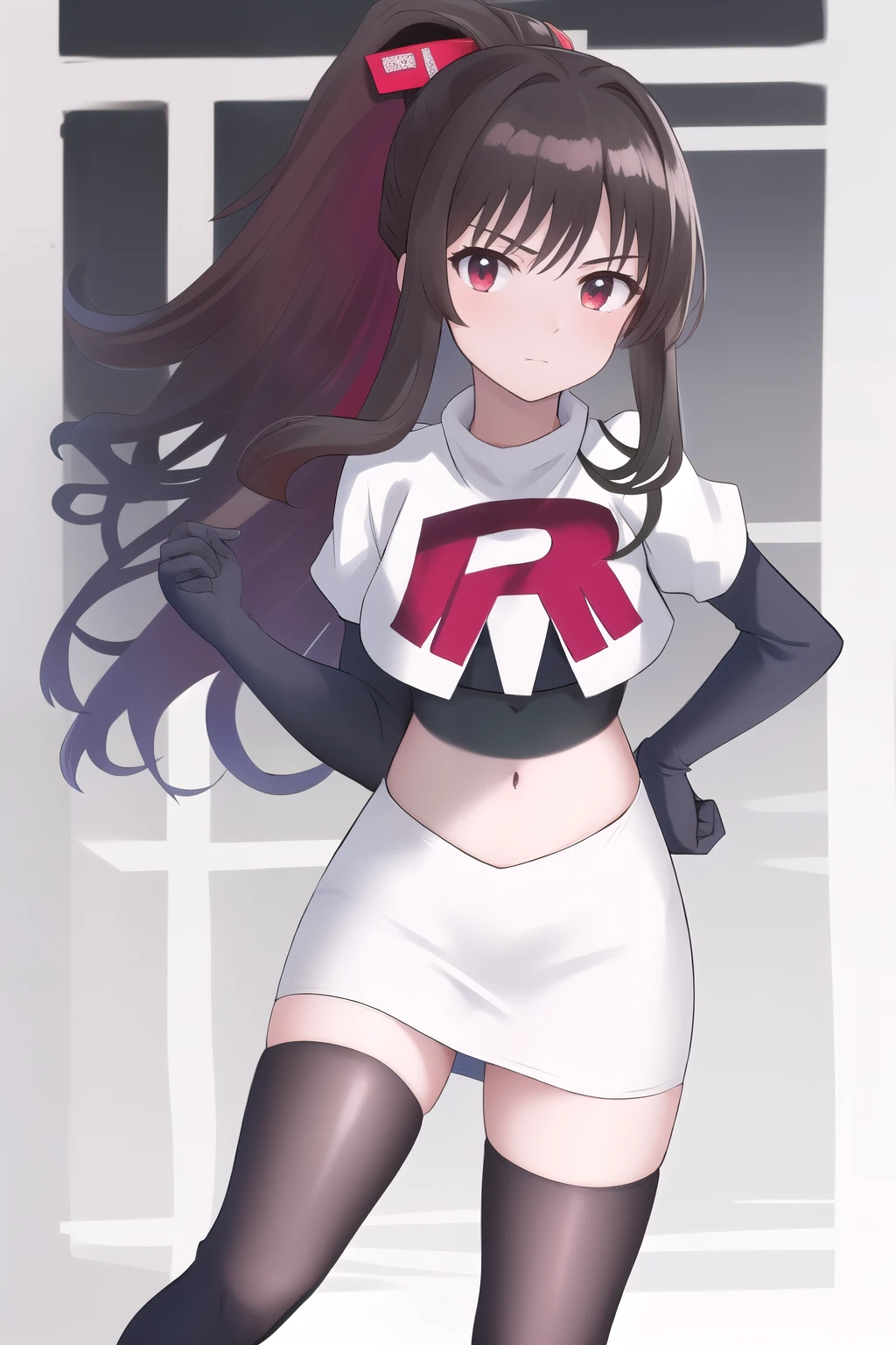 masterpiece, best quality, highres, 1girl, chabashira sae, high ponytail, team rocket,team rocket uniform,white skirt,red letter R,crop top,black thigh-highs,black elbow gloves