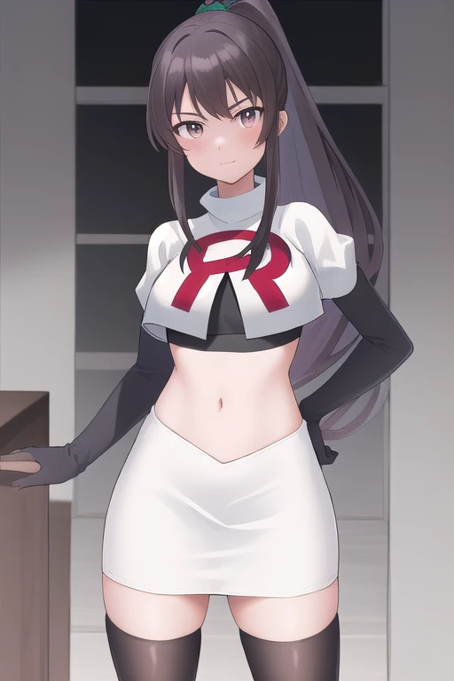 murasakishikibu, murasaki shikibu, brown hair, (purple eyes:1.1), long hair, (large breast:1.2),
BREAK cone hair bun, double bun, hair bun, hair ornament, long hair, two side up,team rocket,team rocket uniform, red letter R, white skirt,white crop top,black thigh-highs,black elbow gloves,
BREAK looking at viewer,
BREAK (masterpiece:1.2), best quality, high resolution, unity 8k wallpaper, (illustration:0.8), (beautiful detailed eyes:1.6), extremely detailed face, perfect lighting, extremely detailed CG, (perfect hands, perfect anatomy),