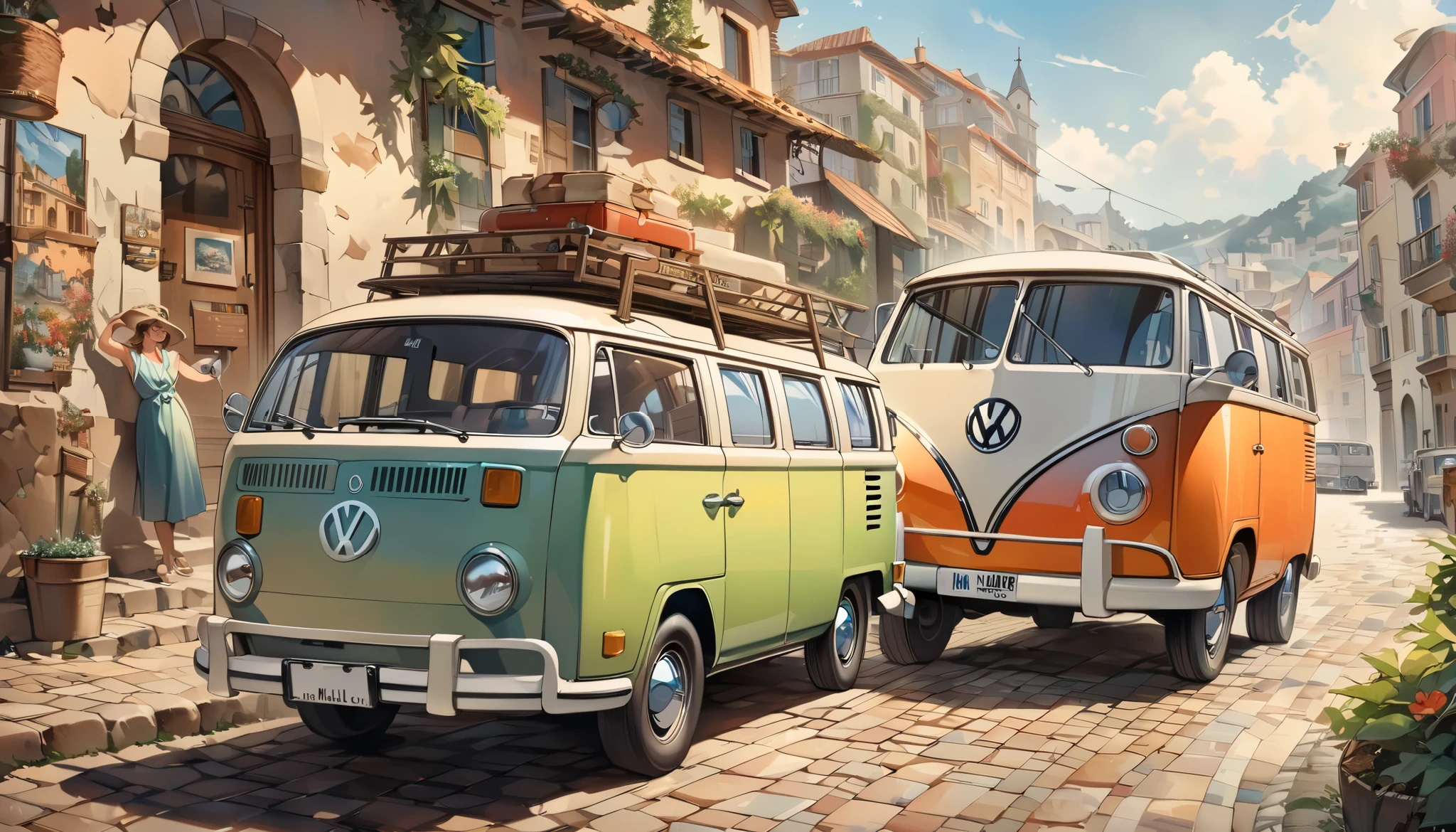 A picture of a van parked on a cobblestone street near the building., The only VW bus on the road, beautiful retro art, by Bencho Obreshkov, Colourful and detailed, 8k)), happy italian beach scene, Watercolor style, super Realistic painting style, Detailed 4K painting, Realistic painting style, Awesome Wallpapers,There is no one,Only one car、masterpiece