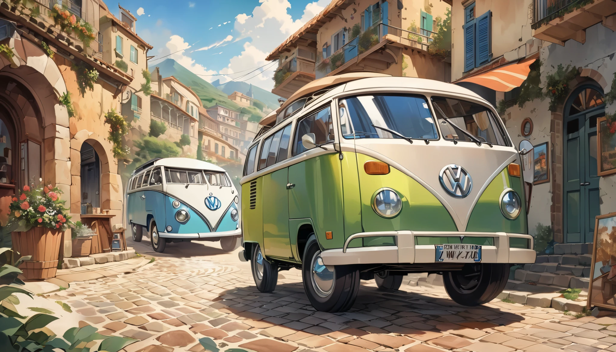 A picture of a van parked on a cobblestone street near the building., The only VW bus on the road, beautiful retro art, by Bencho Obreshkov, Colourful and detailed, 8k)), happy italian beach scene, Watercolor style, super Realistic painting style, Detailed 4K painting, Realistic painting style, Awesome Wallpapers,There is no one,Only one car、masterpiece