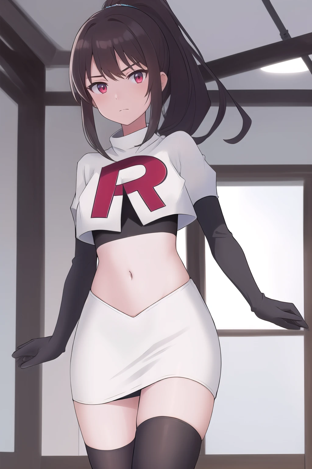 (masterpiece, best quality:1.2),illustration,8k,hd,1girl,solo,black_hair,long_hair,red_eyes,large_breasts,hair_between_eyes,headgear,navel,team rocket,team rocket uniform,white skirt,crop top,black thigh-highs,black elbow gloves,