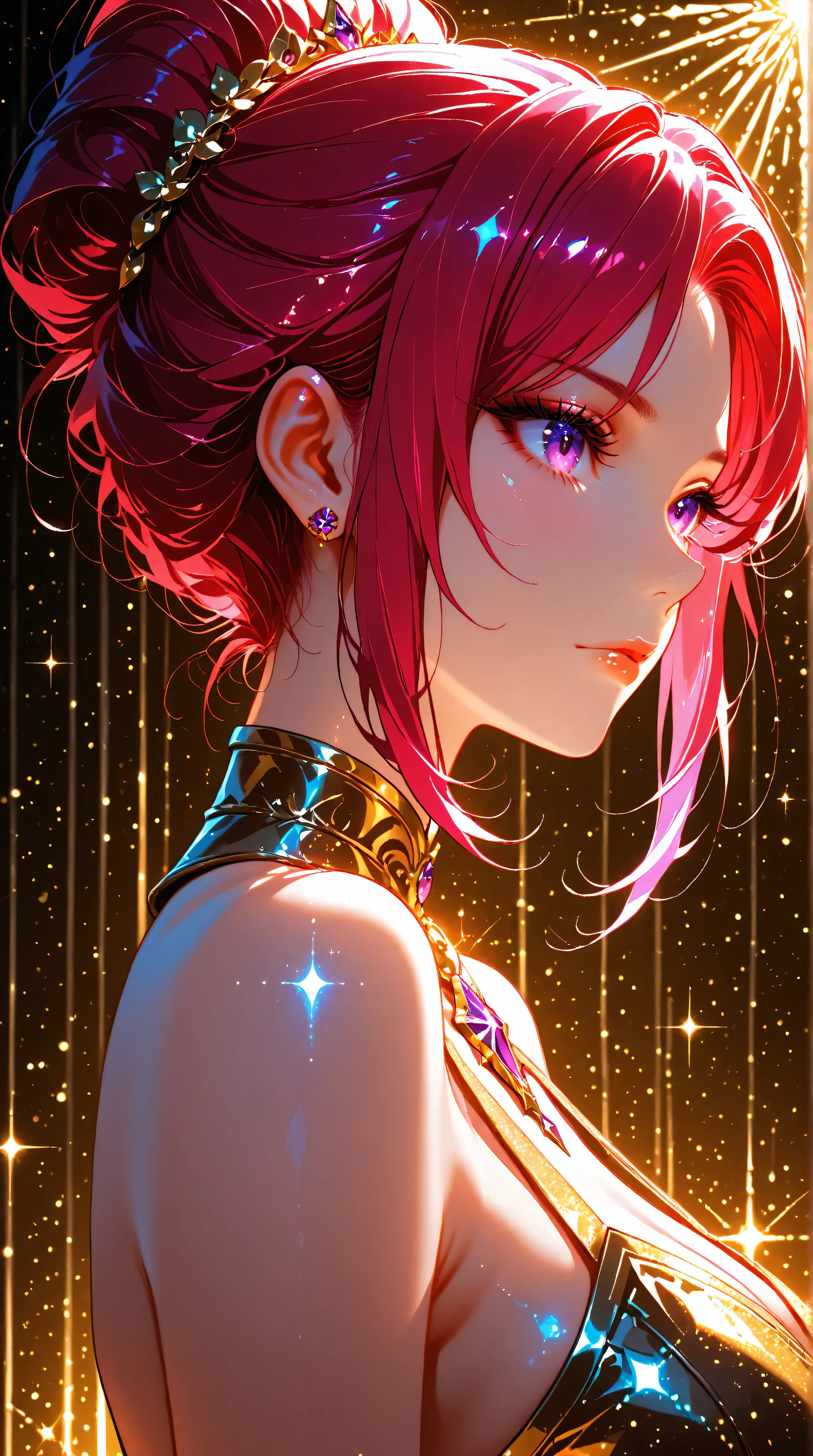 Crimson updo, purple eyes, metallic gold background, backlit, luminescence, ethereal, anime, manga, sexy, sparkles, Glitter Dust, dynamic shadows, masterpiece, bright colors, Shimmers, clear details,