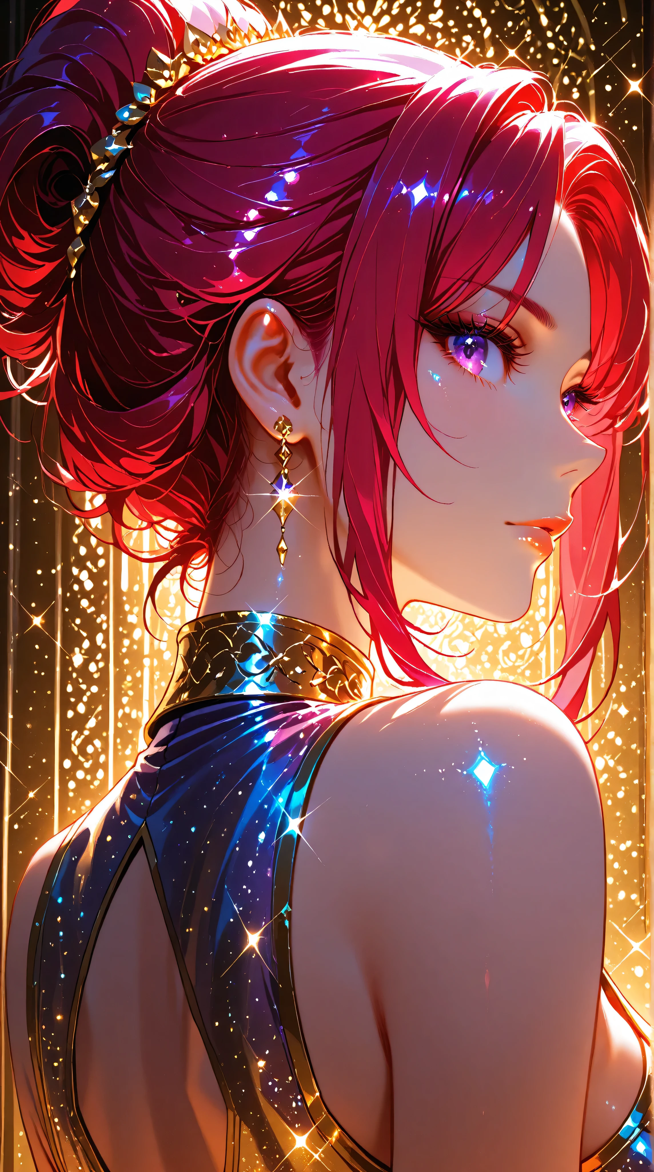 Crimson updo, purple eyes, metallic gold background, backlit, luminescence, ethereal, anime, manga, sexy, sparkles, Glitter Dust, dynamic shadows, masterpiece, bright colors, Shimmers, clear details,