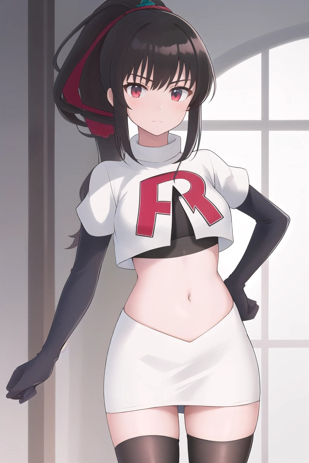 masterpiece, best quality, highres, 1girl, chabashira sae, high ponytail, team rocket,team rocket uniform,white skirt,red letter R,crop top,black thigh-highs,black elbow gloves
