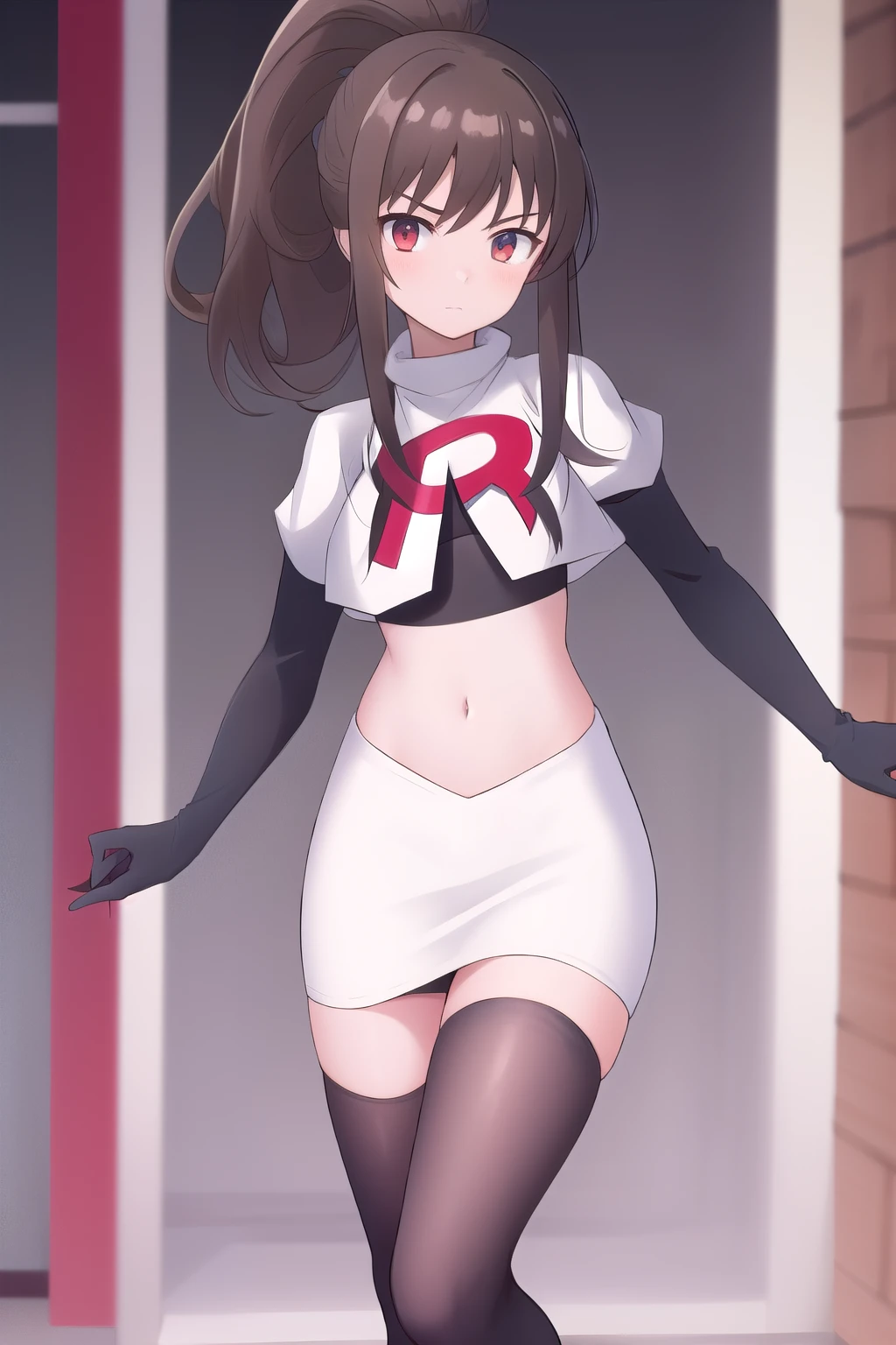 masterpiece, best quality, highres, 1girl, chabashira sae, high ponytail, team rocket,team rocket uniform,white skirt,red letter R,crop top,black thigh-highs,black elbow gloves