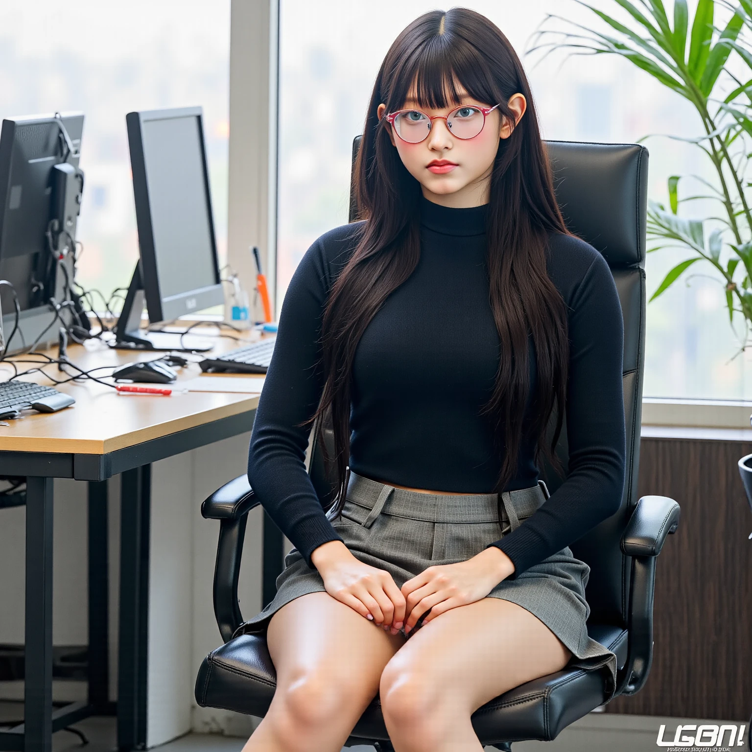 there is a woman sitting in a chair with a laptop, wearing a strict black business suit, sitting on a desk, in strict suit, on a desk, in a strict suit, japanese goddess, thighhighs and skirt, sat at her desk, sitting on a table, sitting at desk, wearing business suit, elegant legs, seductively looking in front, crossed legs, sakura futaba, orange hair, blunt bangs, purple eyes, violet eyes, glasses, white button up shirt, headphones, thicc, green jacket, thick thighs