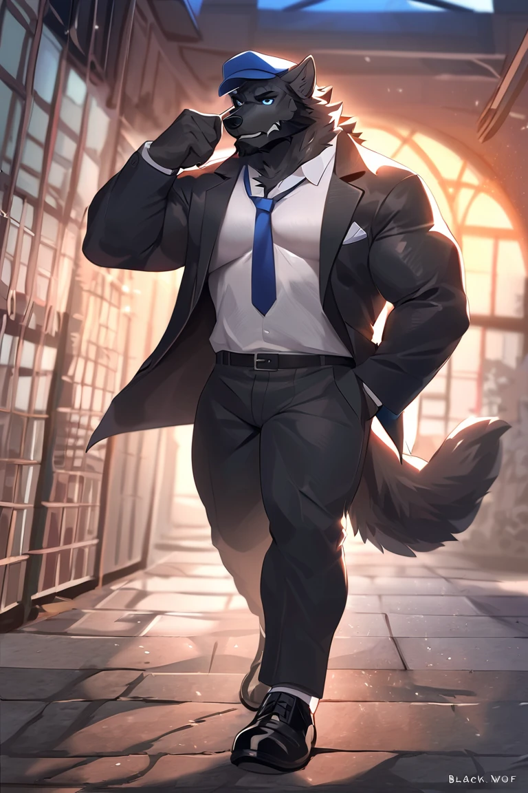 Solo, male, bulge, by darkgem, by mystikfox61, by glitter trap boy, standing, beard, muscular, tall polar bear wearing a navy blue suit, alleyway, blue eyes, grey hair, wavy hair, steam, sweat, sweaty, plants, night, dramatic lighting, raining, storming, grey sky