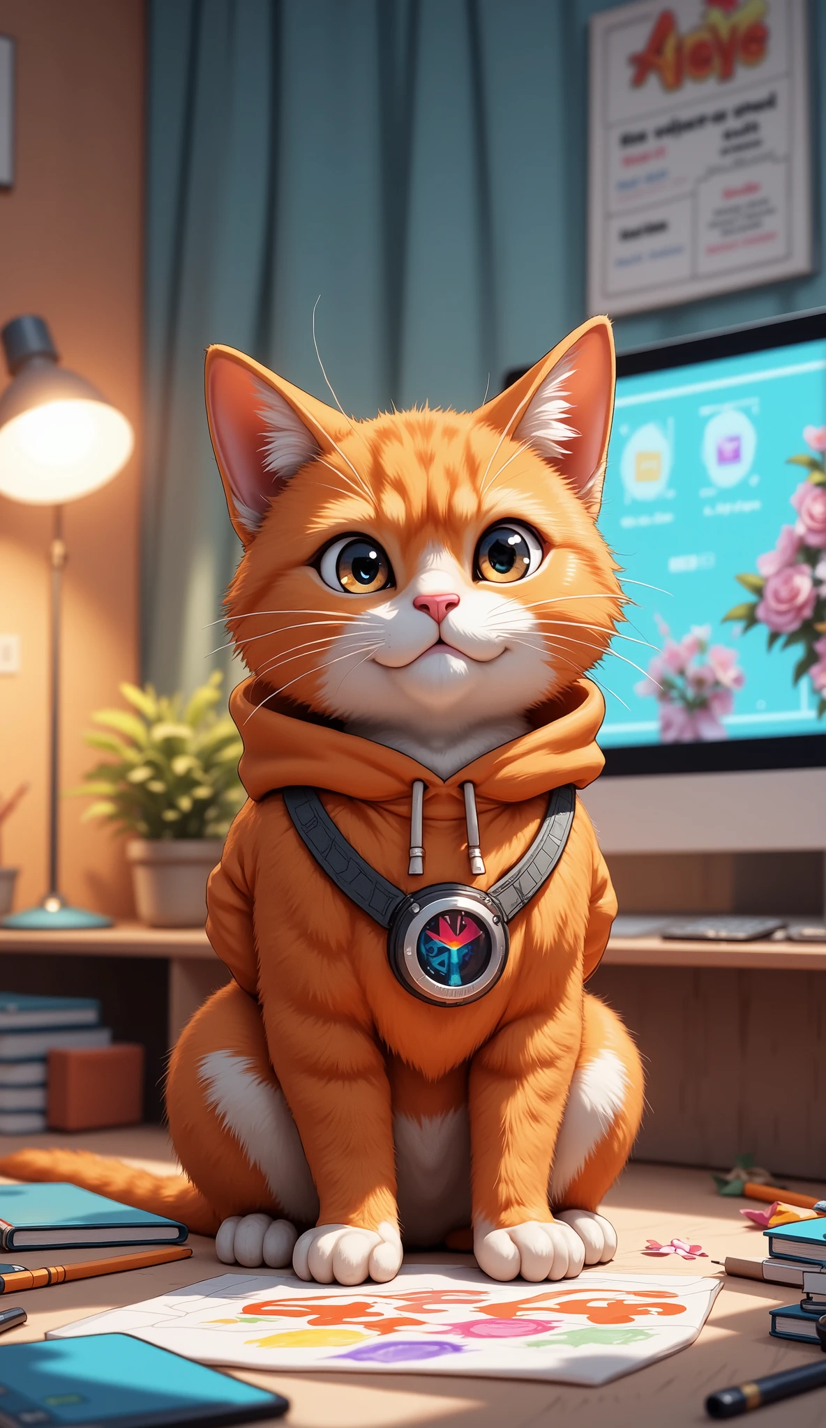 A visually stunning digital illustration of an orange cat dressed as a Tech Enthusiast in a creative workspace featuring a computer screen displaying an AI image generator interface. The scene includes artistic tools such as a sketchbook, colorful paints, and a digital tablet. The background is bright and modern, with a cozy aesthetic, filled with warm lighting from a desk lamp. The focus is on creativity and technology blending seamlessly, highlighting the AI tools for creating art. Bright and detailed, with a futuristic yet easy-to-understand feel. The Orange Cat character is facing the camera in a clever pose, Close up camera shoot
