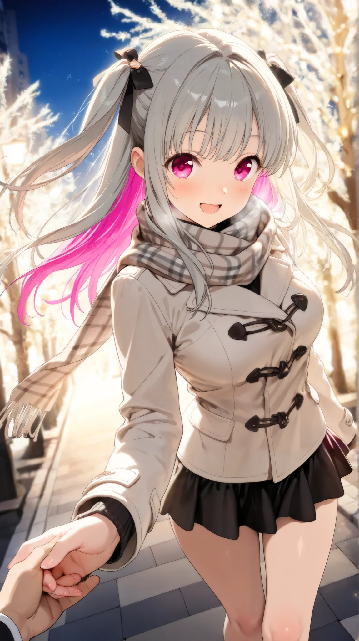 (masterpiece), (high resolution),(8k), (Best quality), ((Light color illumination tree-lined street at night In a fantastic and romantic atmosphere I'm walking hand in hand with my girlfriend who looks like she's having fun)),(high angle, {Side view},) (light sparkles), Super detailed Backgrounds), (bright skin), (cute eyes), (Complete anatomy:1.2), (anime), (cute Lady), (Medium breasts), {({winter coat})}, (plaid Scarf), (mini skirt), Scarf ribbon wrap, {{magenta eyes:1.4}}, (detailed eyes), (eyelashes), (shiny hair), (detailed hair accessory),(design hair ribbon), {Grey long hair}, (magenta inner hair:1.1), (two side up hair:1.1), (Phappy smile), looking at viewer, magenta inner hair, {Grey long hair}, standing position, Side view