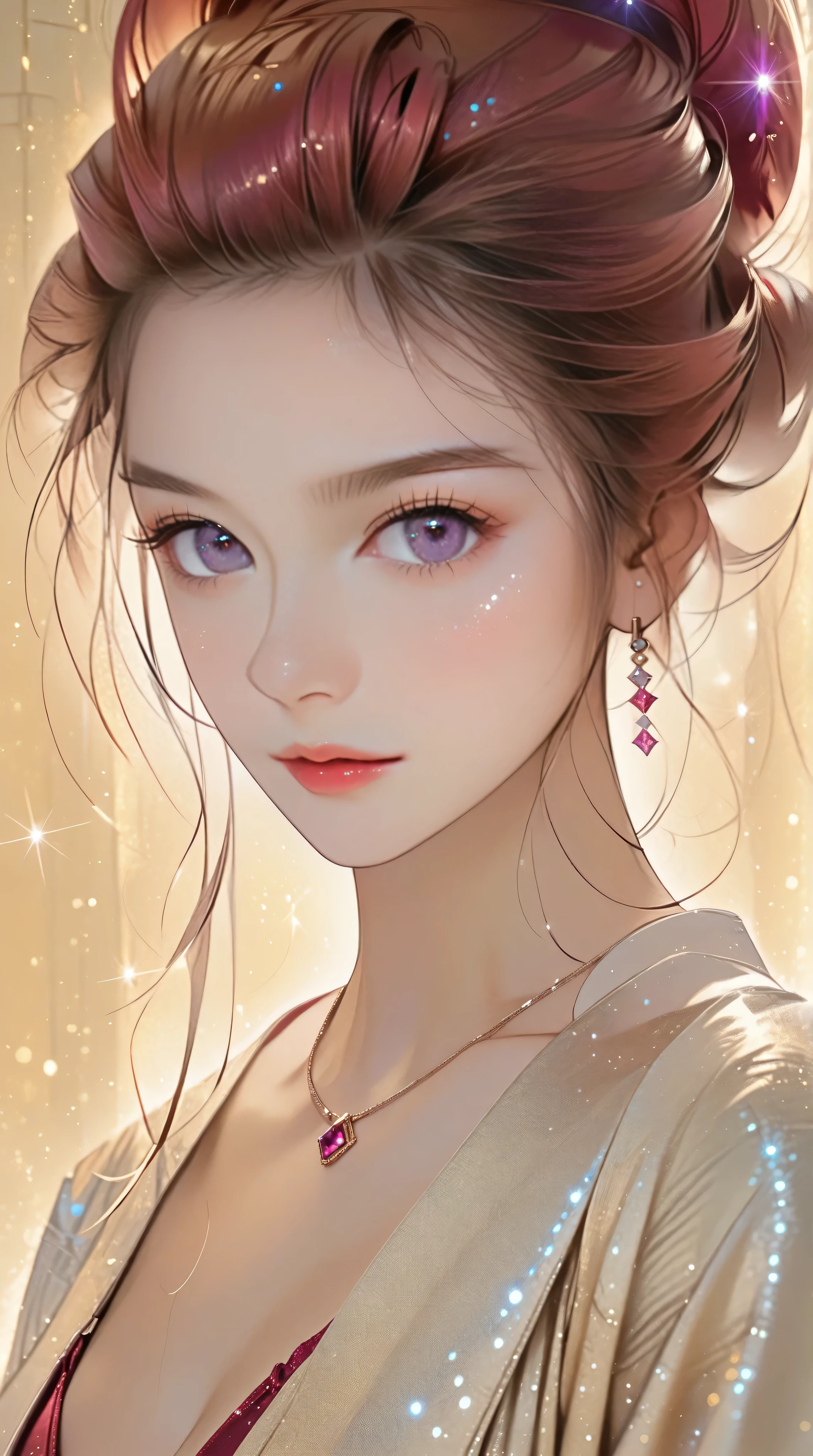 Crimson updo, purple eyes, metallic gold background, backlit, luminescence, ethereal, anime, manga, sexy, sparkles, Glitter Dust, dynamic shadows, masterpiece, bright colors, Shimmers, clear details, plunging neckline, cleavage,