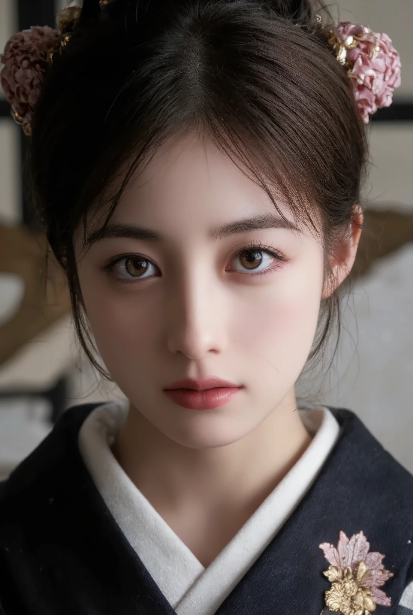 Beautiful, detailed eyes ,  beautiful, detailed lips,  highly detailed eyes and face ,  long lashes,  Elegant Traditional Coming-of-Age ,  Detailed Traditional Japanese Kimono, Detailed jewelry, Detailed Headdress ,  Detailed Ceremonial Headdress , calm expression,  warm lights,  soft focus ,  high contrast,  dramatic shadows ,  Tone Down Color Palette ,  Award-winning photo 