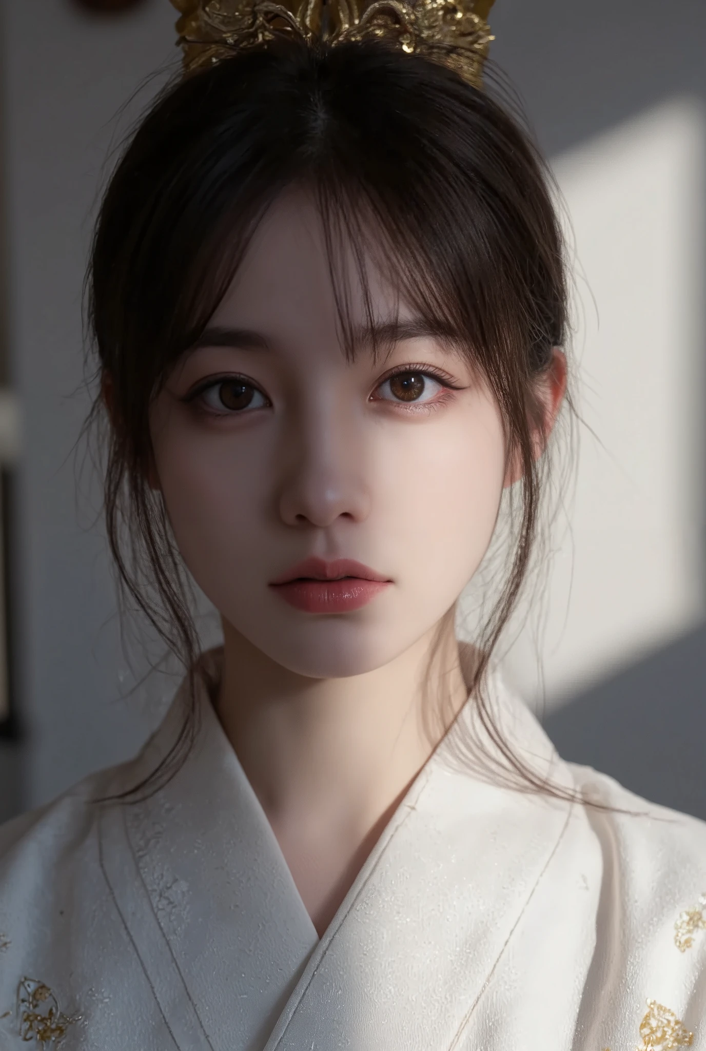 Beautiful, detailed eyes , beautiful, detailed lips, highly detailed eyes and face , long lashes, Elegant Traditional Coming-of-Age , Detailed Traditional Japanese Kimono, Detailed jewelry, Detailed Headdress , Detailed Ceremonial Headdress , calm expression, warm lights, soft focus , high contrast, dramatic shadows , Tone Down Color Palette , Award-winning photo