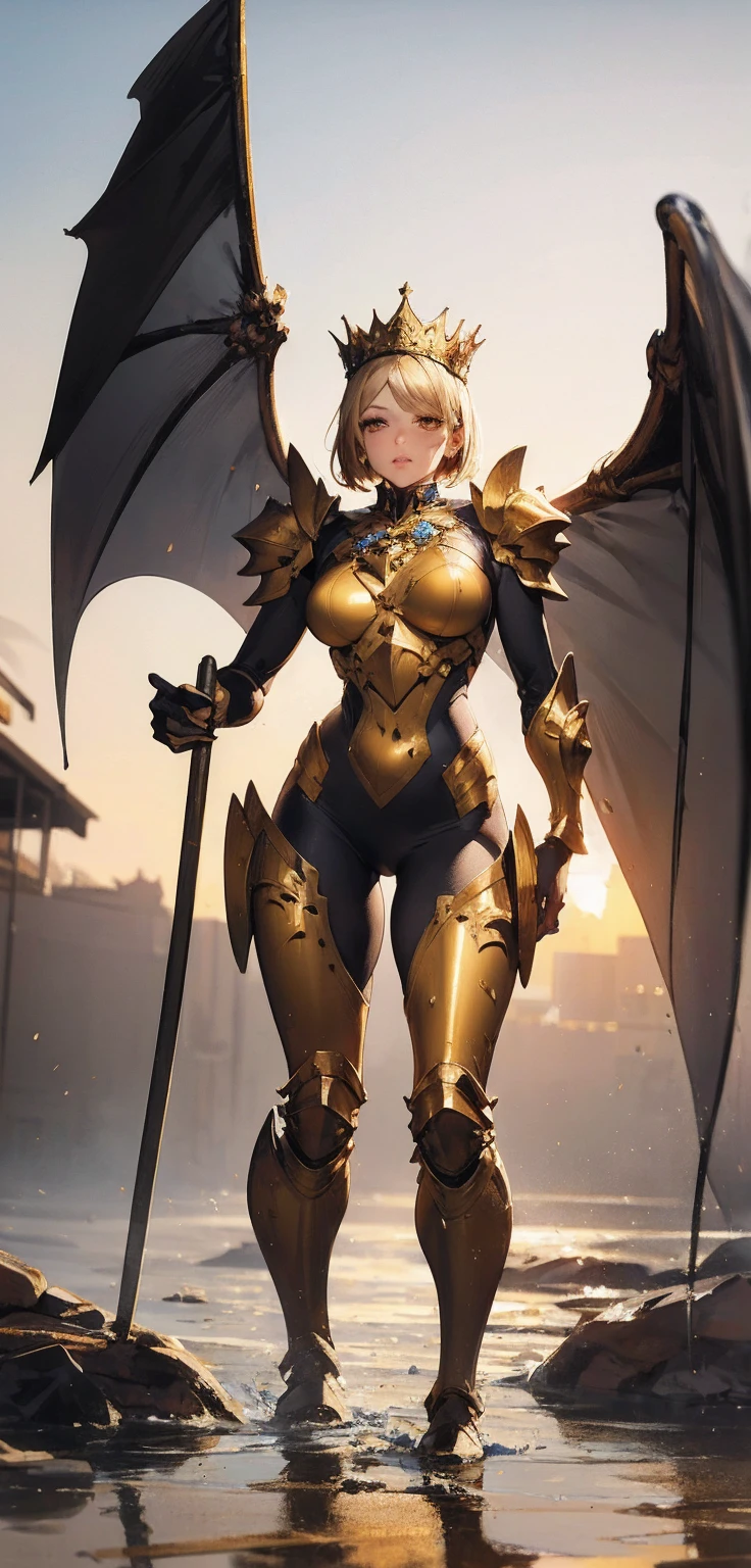 Female devil in hell,dark gold hair,yellow eye,black and yellow costume, armor and wing made from bone animal