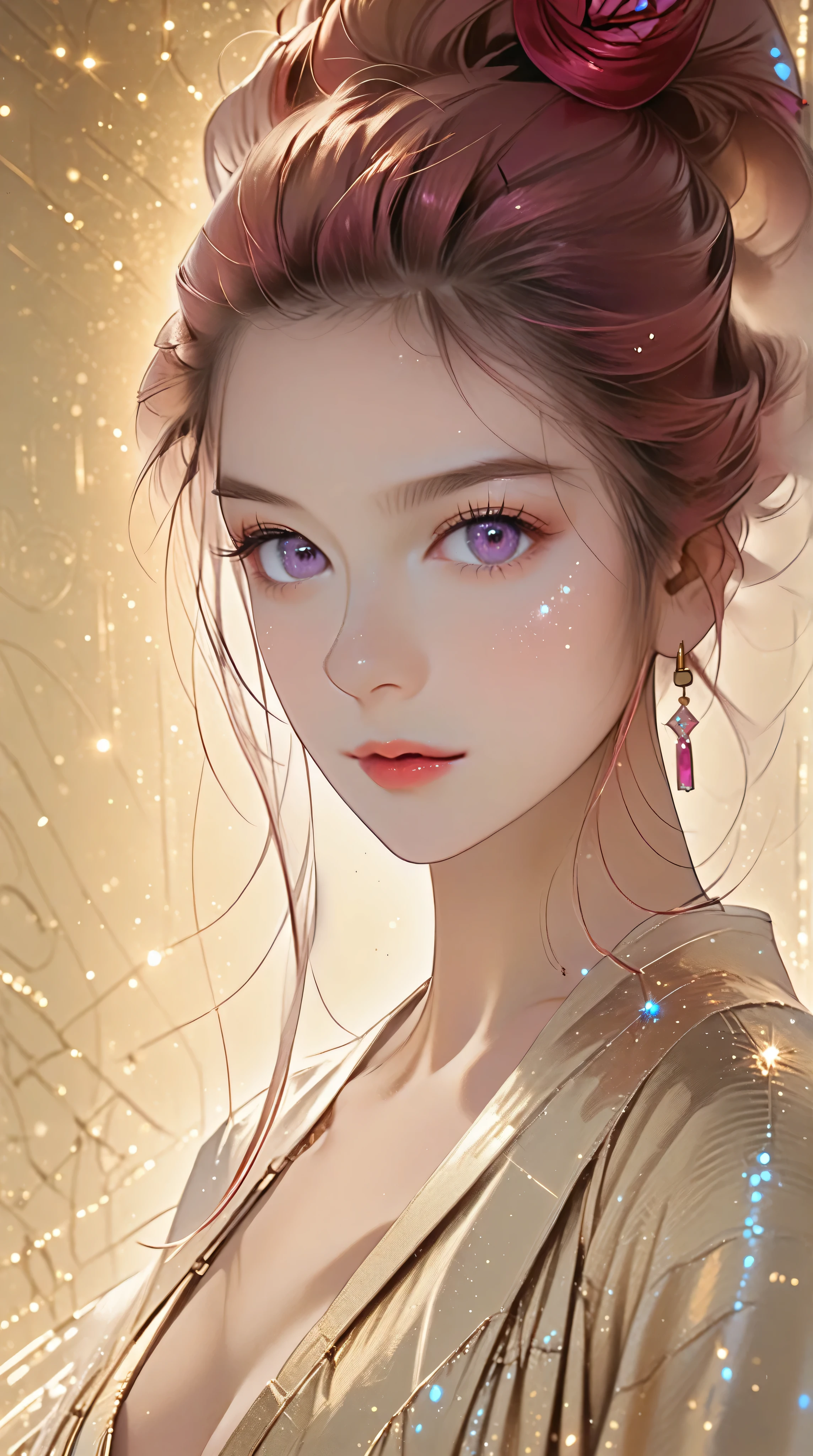 Crimson updo, purple eyes, metallic gold background, backlit, luminescence, ethereal, anime, manga, sexy, sparkles, Glitter Dust, dynamic shadows, masterpiece, bright colors, Shimmers, clear details, plunging neckline, cleavage,