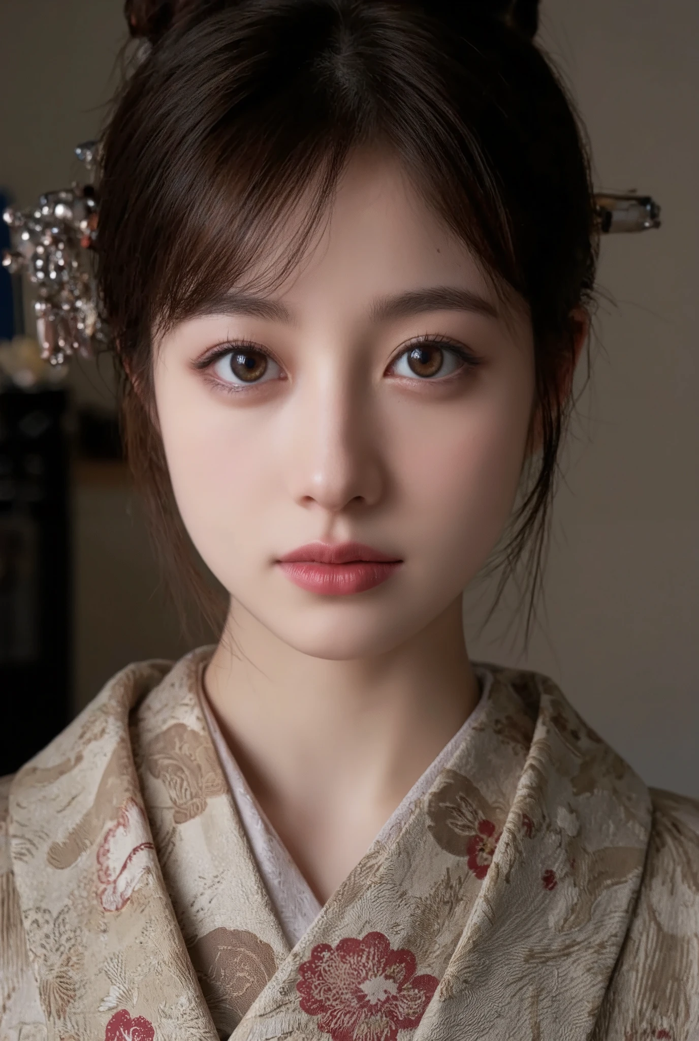 Beautiful, detailed eyes , beautiful, detailed lips, highly detailed eyes and face , long lashes, Elegant Traditional Coming-of-Age , Detailed Traditional Japanese Kimono, Detailed jewelry, Detailed Headdress , Detailed Ceremonial Headdress , calm expression, warm lights, soft focus , high contrast, dramatic shadows , Tone Down Color Palette , Award-winning photo