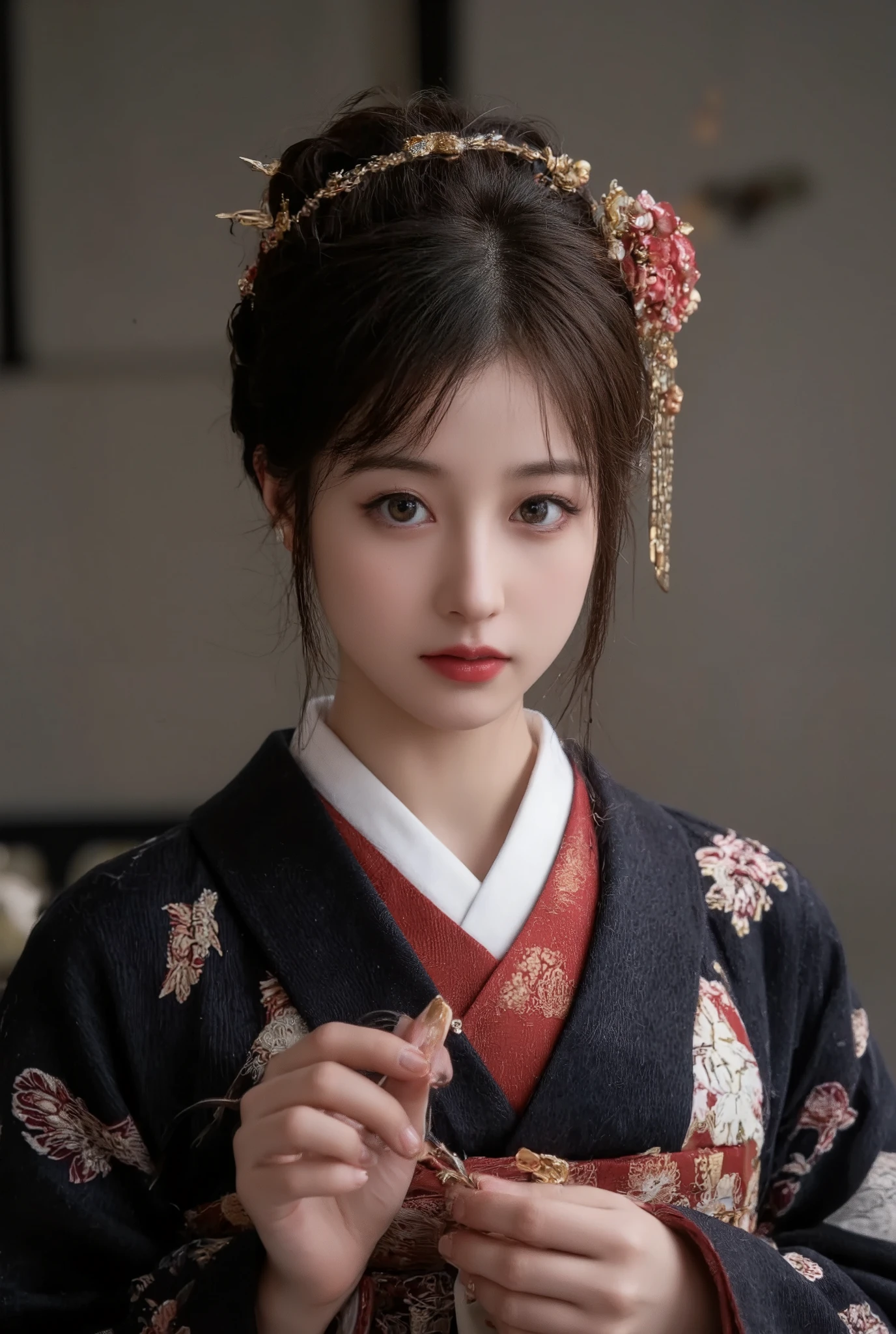 Beautiful, detailed eyes ,  beautiful, detailed lips,  highly detailed eyes and face ,  long lashes,  Elegant Traditional Coming-of-Age ,  Detailed Traditional Japanese Kimono, Detailed jewelry, Detailed Headdress ,  Detailed Ceremonial Headdress , calm expression,  warm lights,  soft focus ,  high contrast,  dramatic shadows ,  Tone Down Color Palette ,  Award-winning photo 