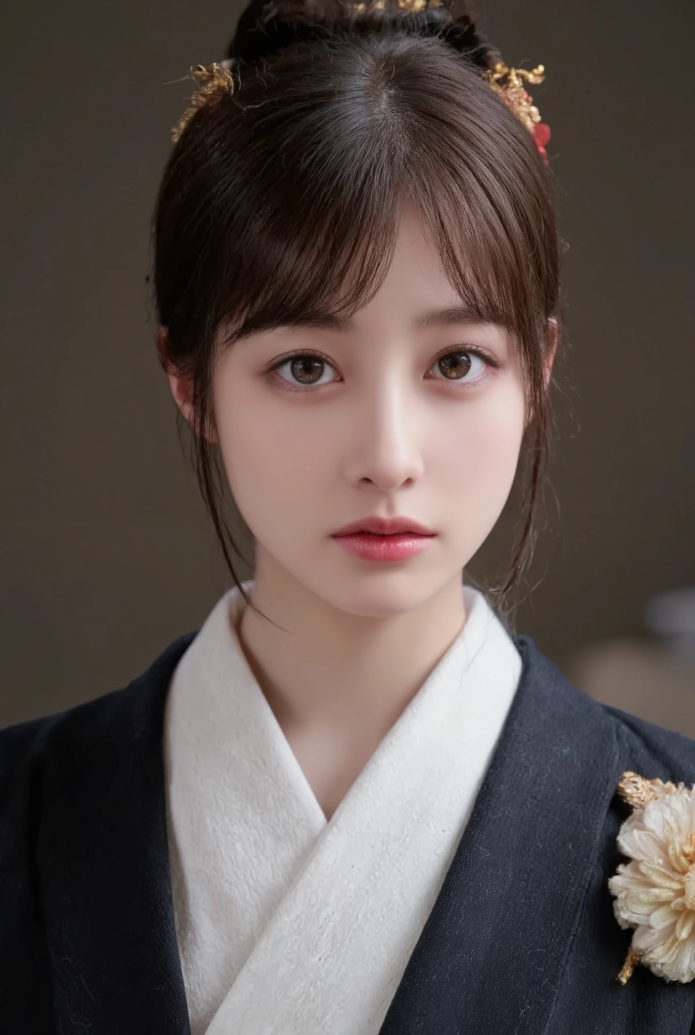 Beautiful, detailed eyes , beautiful, detailed lips, highly detailed eyes and face , long lashes, Elegant Traditional Coming-of-Age , Detailed Traditional Japanese Kimono, Detailed jewelry, Detailed Headdress , Detailed Ceremonial Headdress , calm expression, warm lights, soft focus , high contrast, dramatic shadows , Tone Down Color Palette , Award-winning photo