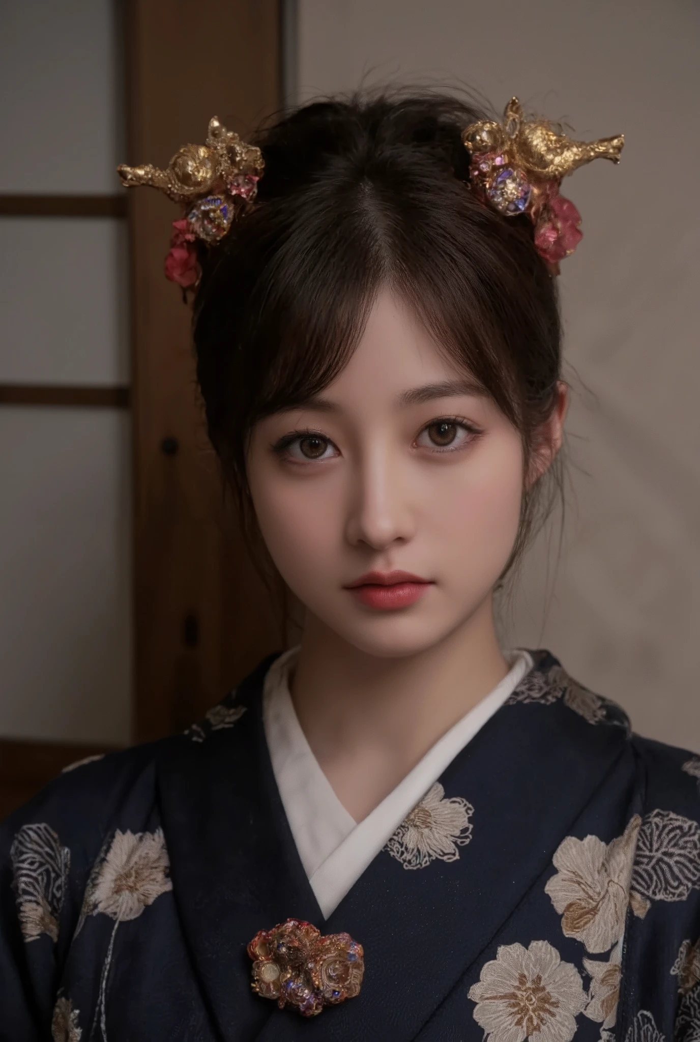 Beautiful, detailed eyes , beautiful, detailed lips, highly detailed eyes and face , long lashes, Elegant Traditional Coming-of-Age , Detailed Traditional Japanese Kimono, Detailed jewelry, Detailed Headdress , Detailed Ceremonial Headdress , calm expression, warm lights, soft focus , high contrast, dramatic shadows , Tone Down Color Palette , Award-winning photo