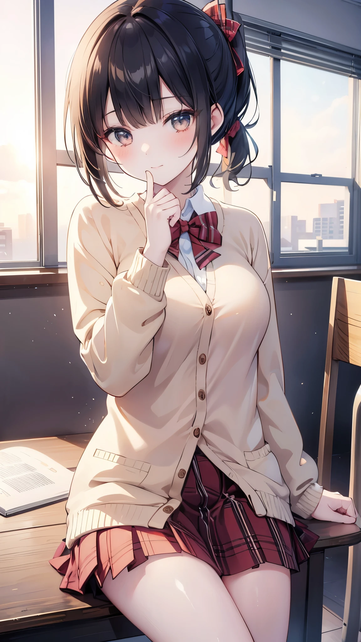 a girl, ((masterpiece, Best Quality , high resolution, UHD, Pixel Perfect, Depth of Field, 4K, RTX, [Hall)), 1girl , singular, solo , 19 years old, Beautiful anime girl, beautiful art style, anime characters, ((short hair, Flat bangs, Black hair , Ponytail, twintail)), (yellow eyes:1.4, Round Eyes , Beautiful Eyelashes , Realistic eyes ), ( delicate face , blush :1.2), ( Smooth Texture :0.55, Realistic texture :0.65, realistic:1.2, Movie, Anime CG Style ), Big , Big Breasts, perfect figure, full, (point of view, close up), (( school uniforms, Cardigan cardigan , sweater, jacket, Red Bow , Plaid Skirt)), (indoor, window), ((side light, natural light, sunrise)), gentle smile , looking at audience , sitting on a chair , Hand resting on table