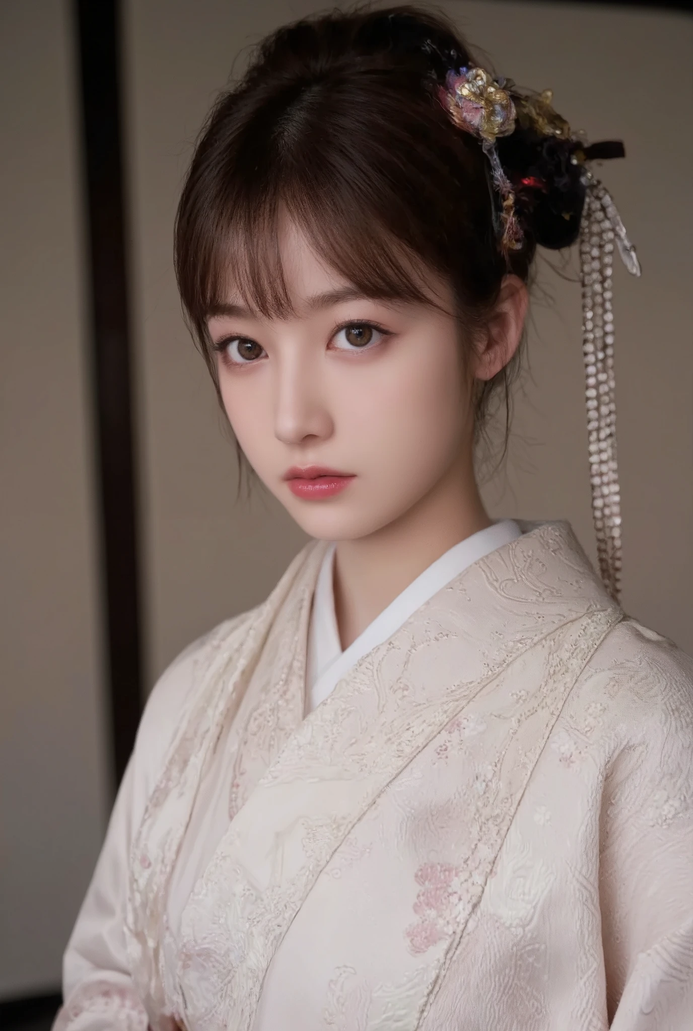 Beautiful, detailed eyes , beautiful, detailed lips, highly detailed eyes and face , long lashes, Elegant Traditional Coming-of-Age , Detailed Traditional Japanese Kimono, Detailed jewelry, Detailed Headdress , Detailed Ceremonial Headdress , calm expression, warm lights, soft focus , high contrast, dramatic shadows , Tone Down Color Palette , Award-winning photo