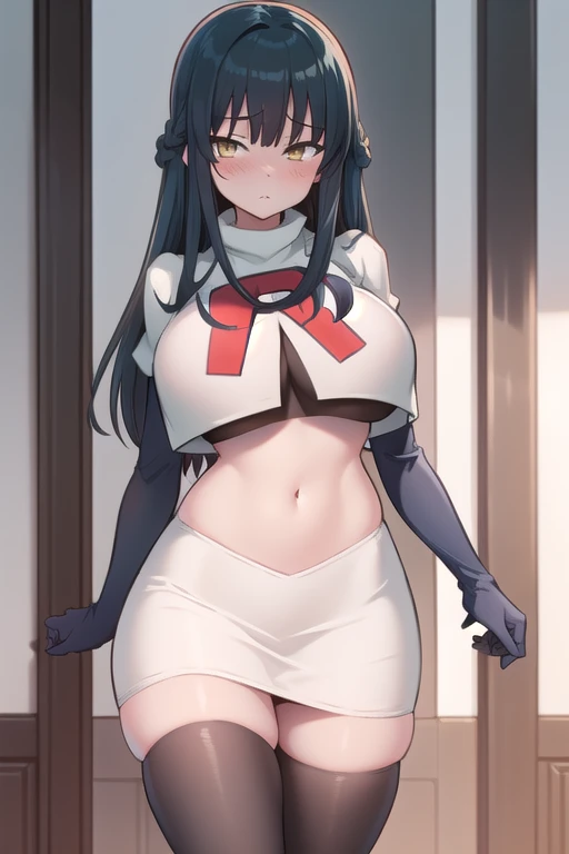 masterpiece, best quality, 1 girl, darkblue hair, long hair, team rocket,team rocket uniform, twitch, slapstick comedy, laugh eyes, laugh open mouth, big bump on head, sexy, virjin, stupid, villain, wet,