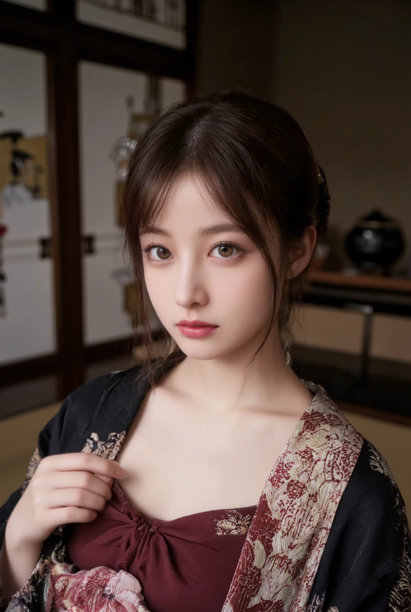 Beautiful, detailed eyes , beautiful, detailed lips, highly detailed eyes and face , long lashes, Elegant Traditional Coming-of-Age , Detailed Traditional Japanese Kimono, Detailed jewelry, Detailed Headdress , Detailed Ceremonial Headdress , calm expression, warm lights, soft focus , high contrast, dramatic shadows , Tone Down Color Palette , Award-winning photo