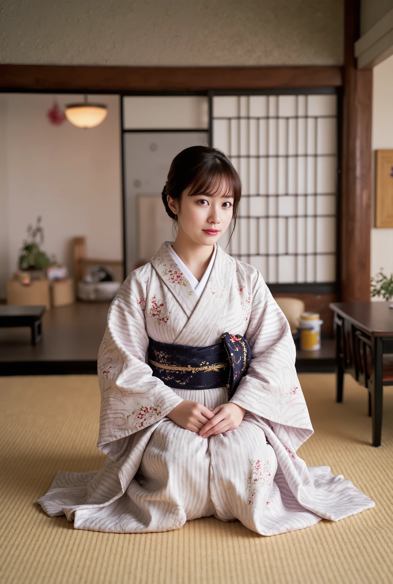 (Beautiful models of Japanese kimono advertisements), ( alone), (( has a face of 80 % Beauty and elegance, 20% pretty and cute :1.5)), ( The ), Clear Eyes , ( detailed eyes , light brown eyes , Bright eyes), double eyelids, ( The embroidery pattern is for Japan :1.2), very detailed and incredibly high resolution Kimono, beautiful shape and big breasts , has an unbelievable high-resolution , Her roots are in Eastern Europe and Asia , high-resolution RAW color photography professional photo , rest ultra high-resolution textures, High-resolution body rendering, big 눈, incomparable masterpiece , highly detailed face texture , very detailed , Amazing ceramic skins, rest (Limpapa (Rinpa), a shiny silver kimono with exquisite and elegant embroidery , 많은 Limpapa 은색이 사용되었습니다.), ( The main color is Linpa glossy silver , Gradated from black to silver from hem to collar), ( graded from black to silver from hem to collar ), (( Obi , cloud, Mountain Range , and rivers )), ( that goes well with a kimono Obi ), (( A finely crafted classic Japanese shiny silver kimono )), ( background is a night scene with some snow .) rest (( top quality, 8k)), Clear Focus :1.2, (Layer cut, big:1.2), ( beautiful woman with perfect body lying in bed:1.4), (아름다운 모양과 big 가슴:1.3), slim waist, (Accurate hand shape:1.5), (Full body shot | cowboy shot | back view )