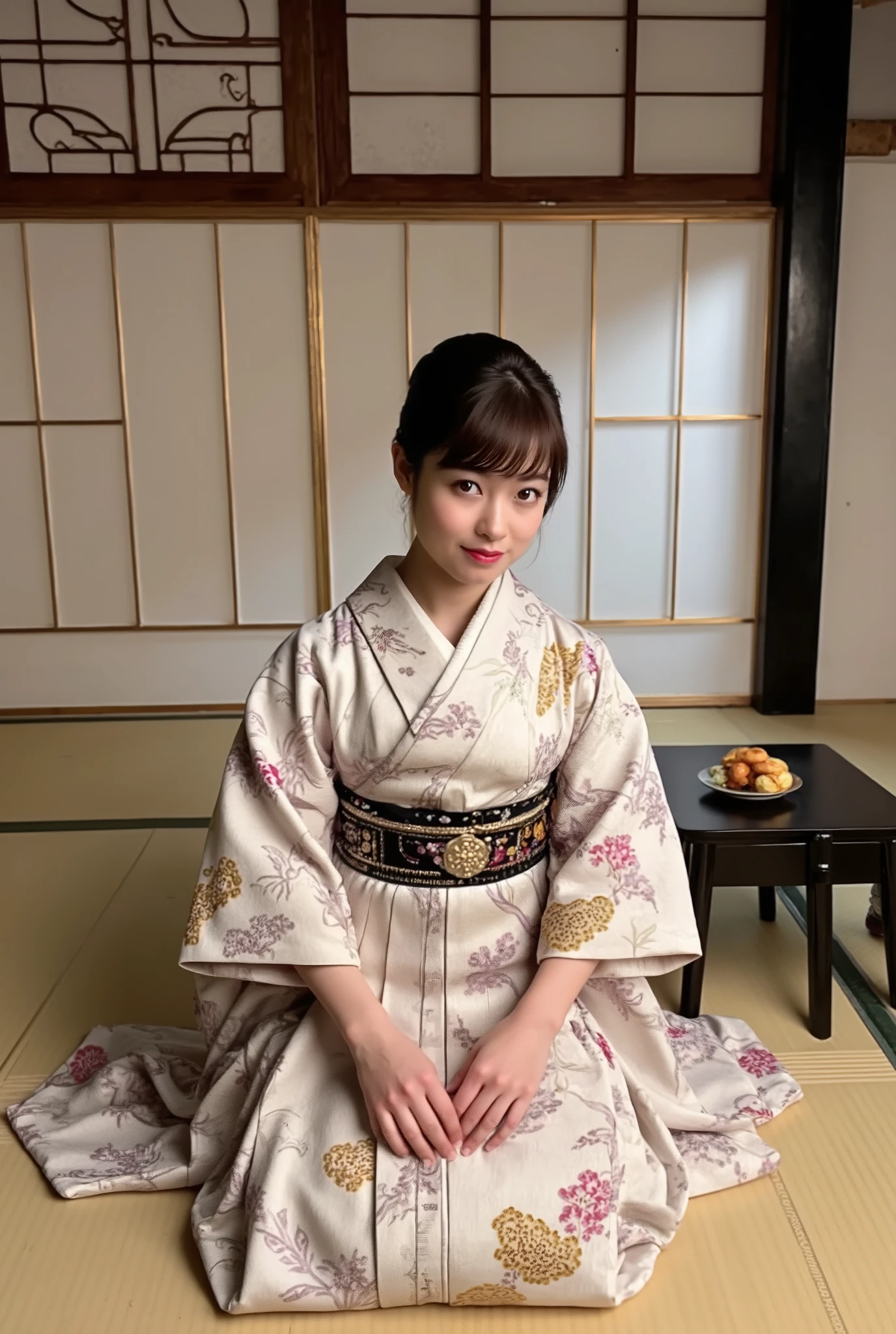 (Beautiful model in Japanese kimono commercial), (solo), ((face is 80% beauty and elegance, 20% pretty and cute:1.5)), (Her roots are in Eastern Europe and Asia), clear eyes, (detailed eyes, light brown eyes, bright pupils), Double Eyelids, (sexy lips with a little thickness:1.2), super detailed and incredibly high resolution Kimono, Highly Detailed Face Texture, striking body shape, curvy and very attractive woman, high-resolution RAW color photo pro photo, BREAK ultra high-resolution textures, High-res body rendering, big eyes, unparalleled masterpiece, incredible high resolution, super detailed, stunning ceramic skin, BREAK (Wearing a shiny silver kimono of the Rimpa school with lots of Rinpa silver colors), (The main color is Rinpa shiny silver, with a gradation from black to silver from the hem side to the collar), (elaborately made classical Japanese shiny silver Kimono), ((The embroidery patterns are Japanese dragon, clouds, mountains, and rivers)), (An obi that goes well with this kimono), ((shiny silver Kimono with elaborate and elegant embroidery)), (The background is a night scene with a little snow falling) BREAK ((Best Quality, 8k)), Crisp Focus:1.2, (Layer Cut, Big:1.2), (Beautiful Woman with Perfect Figure:1.4), (Beautifully shaped and big breasts:1.3), Slender waist, (Correct hand shape:1.5), (Full body shot | cowboy shot | back view)
