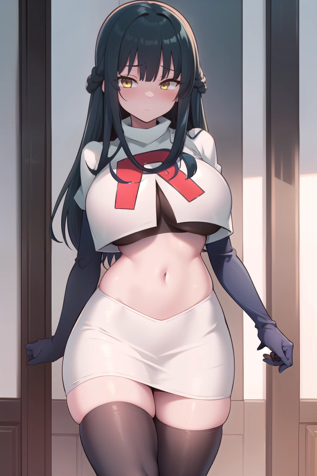 hexmaniacms, hex_maniac_\(pokemon\),1girl,solo,depth of field, (huge breasts), crazy_eyes, @ @, (shaded_face:1.3), smile, team rocket,team rocket uniform,white skirt,red letter R,crop top,black thigh-highs,black elbow gloves