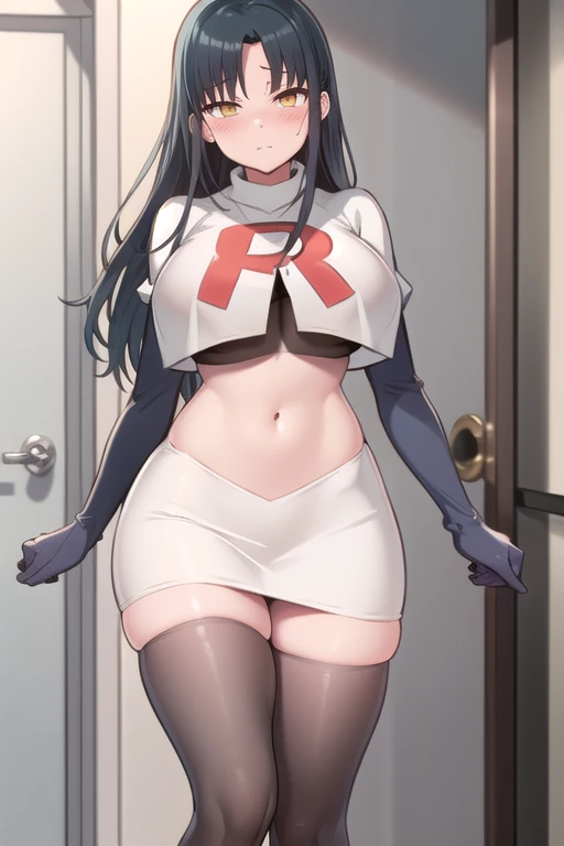 hexmaniacms, hex_maniac_\(pokemon\),1girl,solo,depth of field, (huge breasts), crazy_eyes, @ @, (shaded_face:1.3), smile, team rocket,team rocket uniform,white skirt,red letter R,crop top,black thigh-highs,black elbow gloves