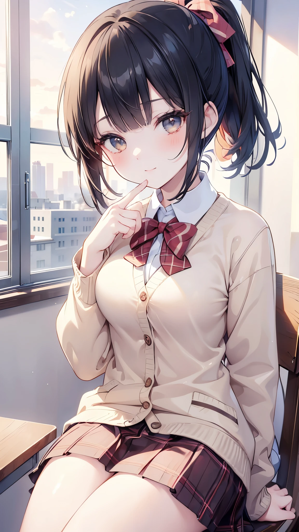 a girl, ((masterpiece, Best Quality , high resolution, UHD, Pixel Perfect, Depth of Field, 4K, RTX, [Hall)), 1girl , singular, solo , 19 years old, Beautiful anime girl, beautiful art style, anime characters, ((short hair, Flat bangs, Black hair , Ponytail, twintail)), (yellow eyes:1.4, Round Eyes , Beautiful Eyelashes , Realistic eyes ), ( delicate face , blush :1.2), ( Smooth Texture :0.55, Realistic texture :0.65, realistic:1.2, Movie, Anime CG Style ), Big , Big Breasts, perfect figure, full, (point of view, close up), (( school uniforms, Cardigan cardigan , sweater, jacket, Red Bow , Plaid Skirt)), (indoor, window), ((side light, natural light, sunrise)), gentle smile , looking at audience , sitting on a chair , Hand resting on table
