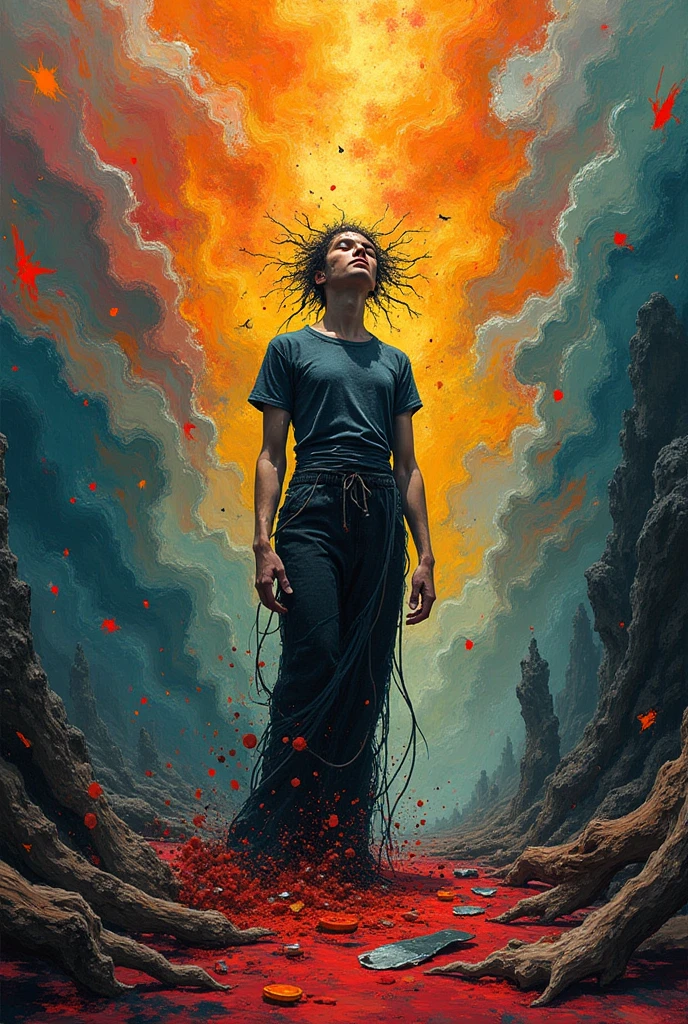 a simple artistic painting of a person who is tied to his past memories and doesn&#39;t want to erase them, the memory falls into the fiery abyss, but the memory is tied to that person. The person was struggling to escape and save himself and his heavy memories..