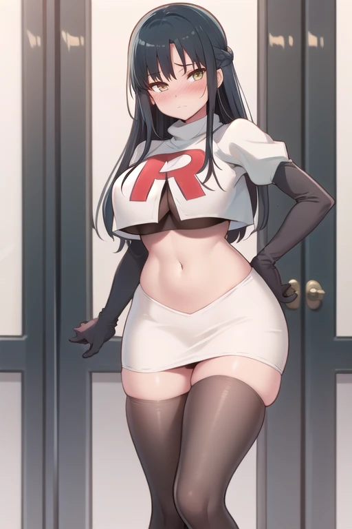 (Trading card style:1.3), masterpiece,Highest quality,High resolution,Anime Style,(1 high school girl:1.2), The clothes are thick enough not to be see-through, (((Team Rocket uniform), Short skirt), (Black Patent Leather Gloves), Black patent leather boots, Black panties),(Smiling and showing teeth:1.3),(Hair color is pale light blue, Long straight hair:1.3), (Panty shot, View from below the subject:1.0), (Clothes that look good:1.1), (Blank Background:1.3), (The subject steps on the viewer:1.3)