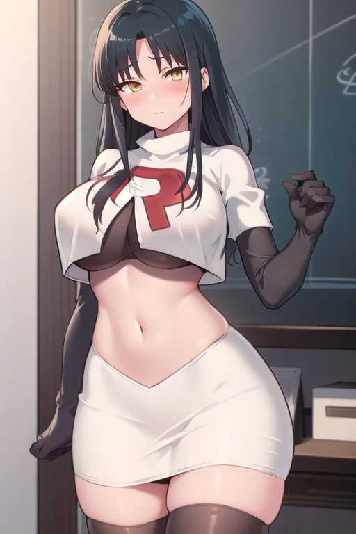 hitomihino, hitomi hino, long hair, black hair, hair ornament, (purple eyes:1.1),
BREAK team rocket,team rocket uniform,white skirt,red letter R,crop top,black thigh-highs,black elbow gloves,
BREAK looking at viewer, cowboy shot,
BREAK (masterpiece:1.2), best quality, high resolution, unity 8k wallpaper, (illustration:0.8), (beautiful detailed eyes:1.6), extremely detailed face, perfect lighting, extremely detailed CG, (perfect hands, perfect anatomy),