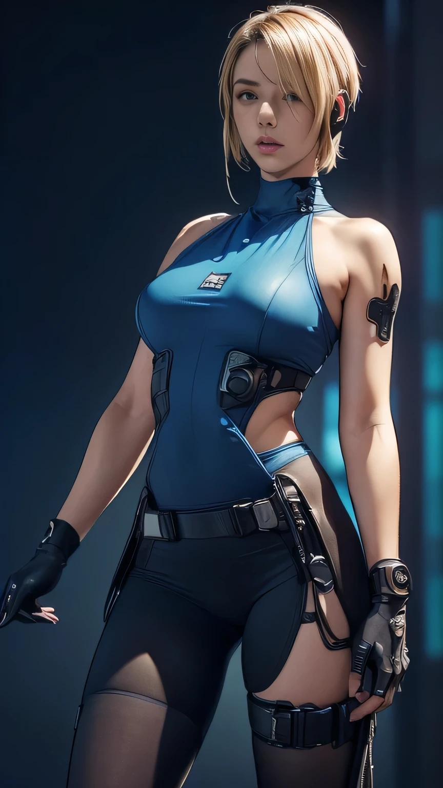 (A woman),(((A female member of the Future Force stands))),((Shiny dark blue tactical tights:1.5)),((earphone:1.5)),((Tactical Holster:1.5)),(Gloves:1.5),(Serious:1.5),(Super short hair:1.5),(beautiful eyes:1.3),(Very detailedな顔:1.5),((Very detailed drawing of a female hand:1.5)),(((muscular:1.5))),((Sexy appearance:1.5)),((Thick thighs:1.5)),(Beautiful Body:1.5),((Very sensual:1.5)),(The backdrop is a futuristic city:1.5),(Cyberpunk atmosphere:1.5),(((Blurred Background:1.5))),(Written border depth:1.5),rest(((masterpiece:1.5),(best quality:1.5),(Very detailed:1.5),(high resolution:1.5),(Practical:1.5),(Practical:1.5),(Delicate depiction),(Carefully drawn))),8k,wallpaper,((from below:1.2))
