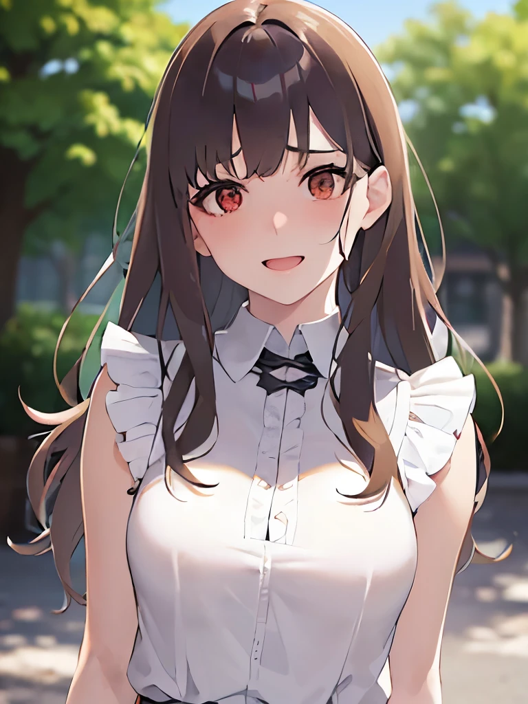 yandere, shaded face, masterpiece, best quality, detailed, Masterpiece, Great detailed pictures, RAW photo, photorealistic, Realistic, real person, upper body, (pale skin: 1.2), shiny skin, shiny hair, (25-year-old woman with medium hair with bangs) and (wavy hair) and (brown hair) and (orange eyes) , (white) and (Sleeveless ruffled collared blouse), smile, (embarrassed:1.4), The background is a sunny park, alone, standing.