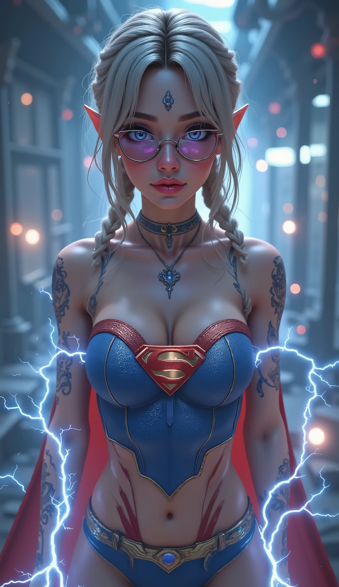 SO CUTE. SCREAMING IN PLEASURE AFTER BEING SEVERLY ELECTROCUTED. 3D ANIMATED STYLE. LARGE "S" EMBLEM APPEARS ON HER CHEST, BODY GROWING LARGER AS SHE TRANSFORMS INTO SUPERMAN. A SEXY YOUNG AUSTRALIAN GIRL WITH BLUE EYES, RED GLASSES, WHITE AND SILVER HAIR BRAIDED, WEARING A BLUE CORDUROY 1980 3D TEXTURED SUPERMAN COSTUME AND RED CAPE STARING AT THE VIEWER. PHOTO REALISTIC, INTRICATE DETAILS, INTICATE TEXTURES, PROESSIONAL 4K RENERING. POWERING UP, SEMI REALISTIC. MASSIVE AMOUNTS OF ELECTRICITY SURGING THROUGH HER.