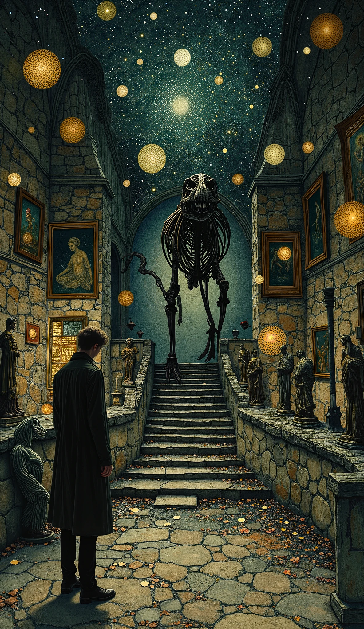 a night at the museum , central image the bones of a tyrannosaurus rex , on a stone platform , sculptures, Pictures on the walls , all illuminated in dim light , moonlight filtering through the roof windows, a serene man with his flashlight , guarding the museum
