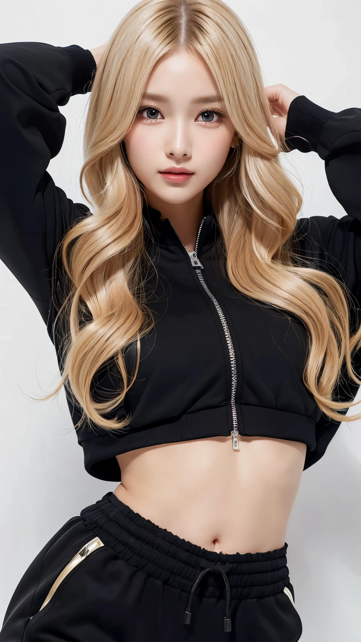 (blondy hair、black tracksuit:1.0、black long track Jacket、black jersey long pants:1.0、oversized black jersey tops:1.0、dancing)、round face:2.0、forehead、、Curly Hair:2.0、cowboy shot:2.0、Super Long Hair:2.0、Waist-length hair、Northern Europe:1.0、beautiful girl、White background, True Face、Shiny Hair、whole body, super detailed, High resolution, 8k wallpaper, Perfect dynamic composition,blondes,