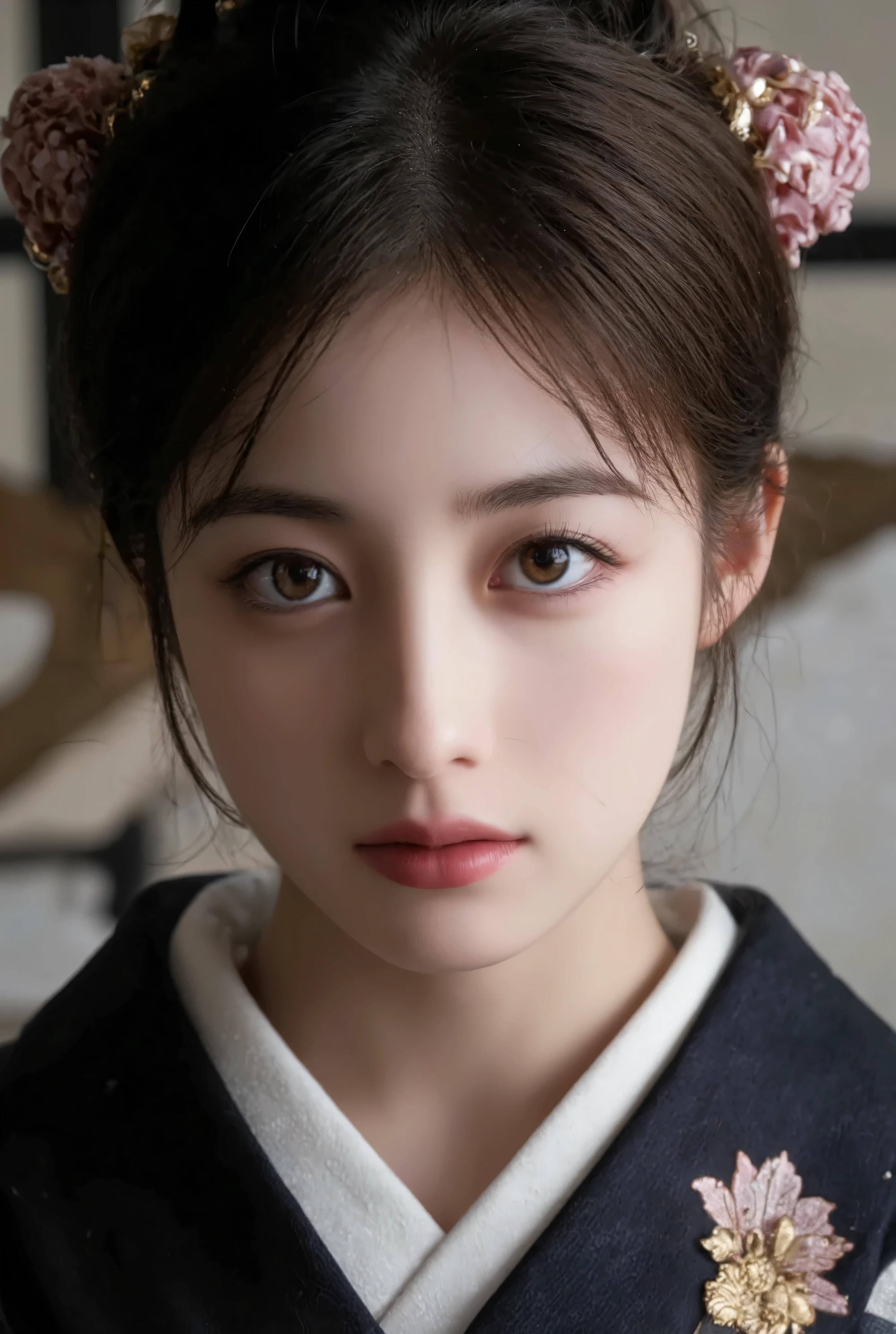 Beautiful, detailed eyes , beautiful, detailed lips, highly detailed eyes and face , long lashes, Elegant Traditional Coming-of-Age , Detailed Traditional Japanese Kimono, Detailed jewelry, Detailed Headdress , Detailed Ceremonial Headdress , calm expression, warm lights, soft focus , high contrast, dramatic shadows , Tone Down Color Palette , Award-winning photo
