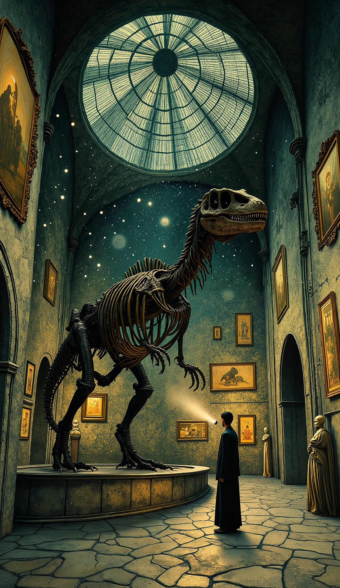 general plan , remote view being able to appreciate all the elements:1.3, a night at the museum , very large living room , central image the bones of a tyrannosaurus rex , on a stone platform , sculptures, Pictures on the walls , all illuminated in dim light , moonlight filtering through the roof windows, a serene man with his flashlight , guarding the museum