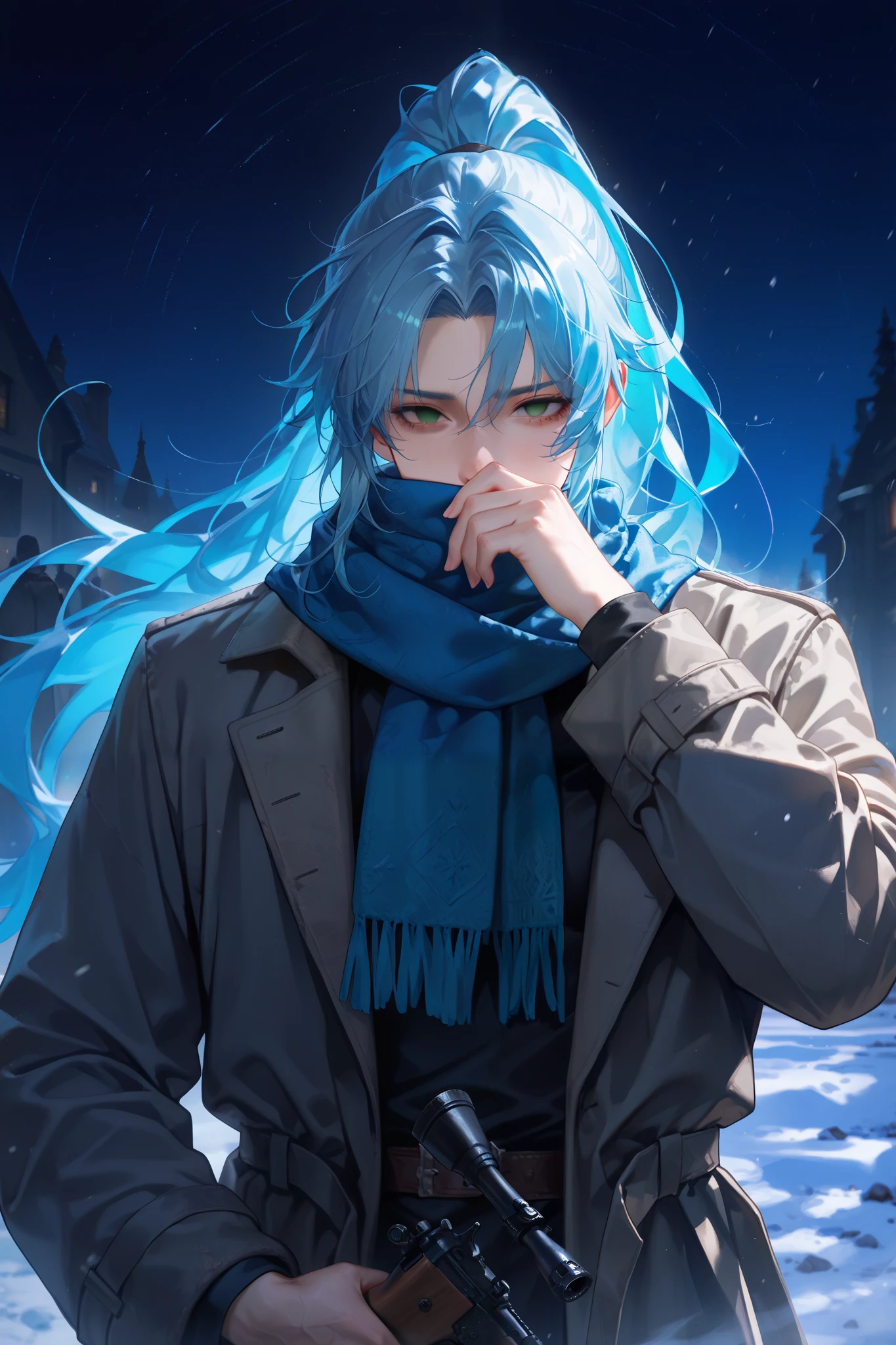 masterpiece, best quality, detailed eyes, semi realistic, 8k, male, night background, black medieval man coat, wearing blue long blue scarf, covering mouth with scarf, holding old rifle, long ponytail blue hair, green eye, strict face, empty eye, solo charactor, fantasy